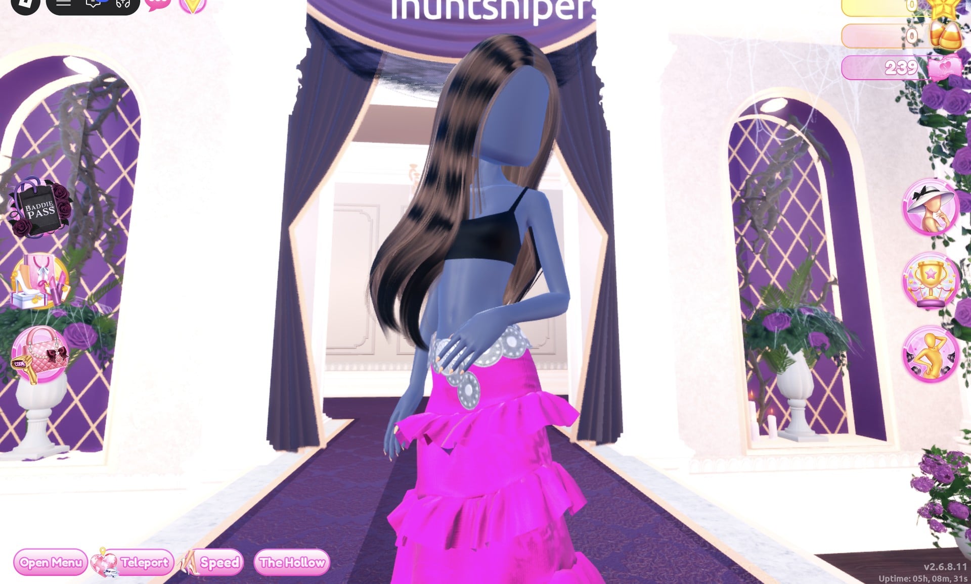 Waist-up view of the pop-star glam look: hand resting on the silver belt above the hot-pink ruffles