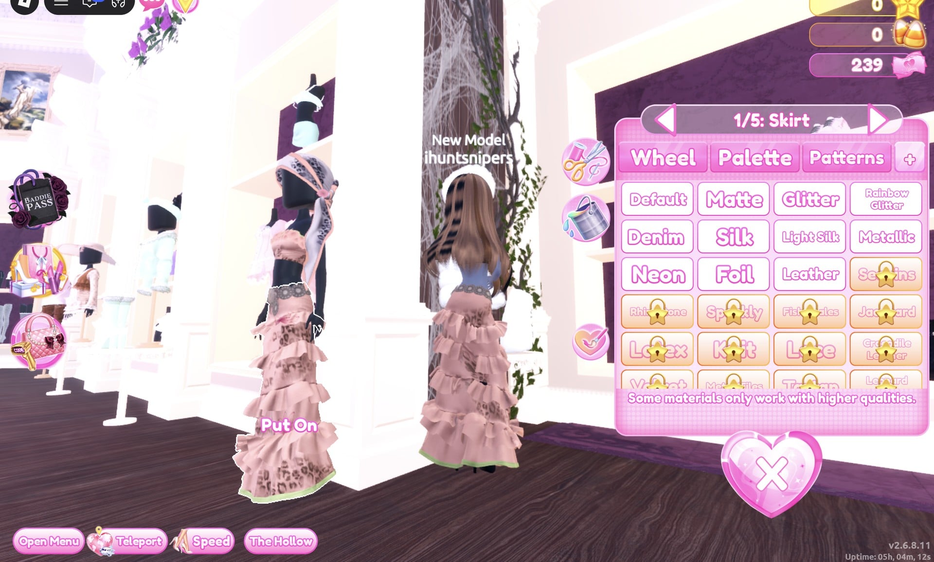 The pale pink tiered gown on its mannequin beside our character, with the colour panel open at 1/5: Skirt