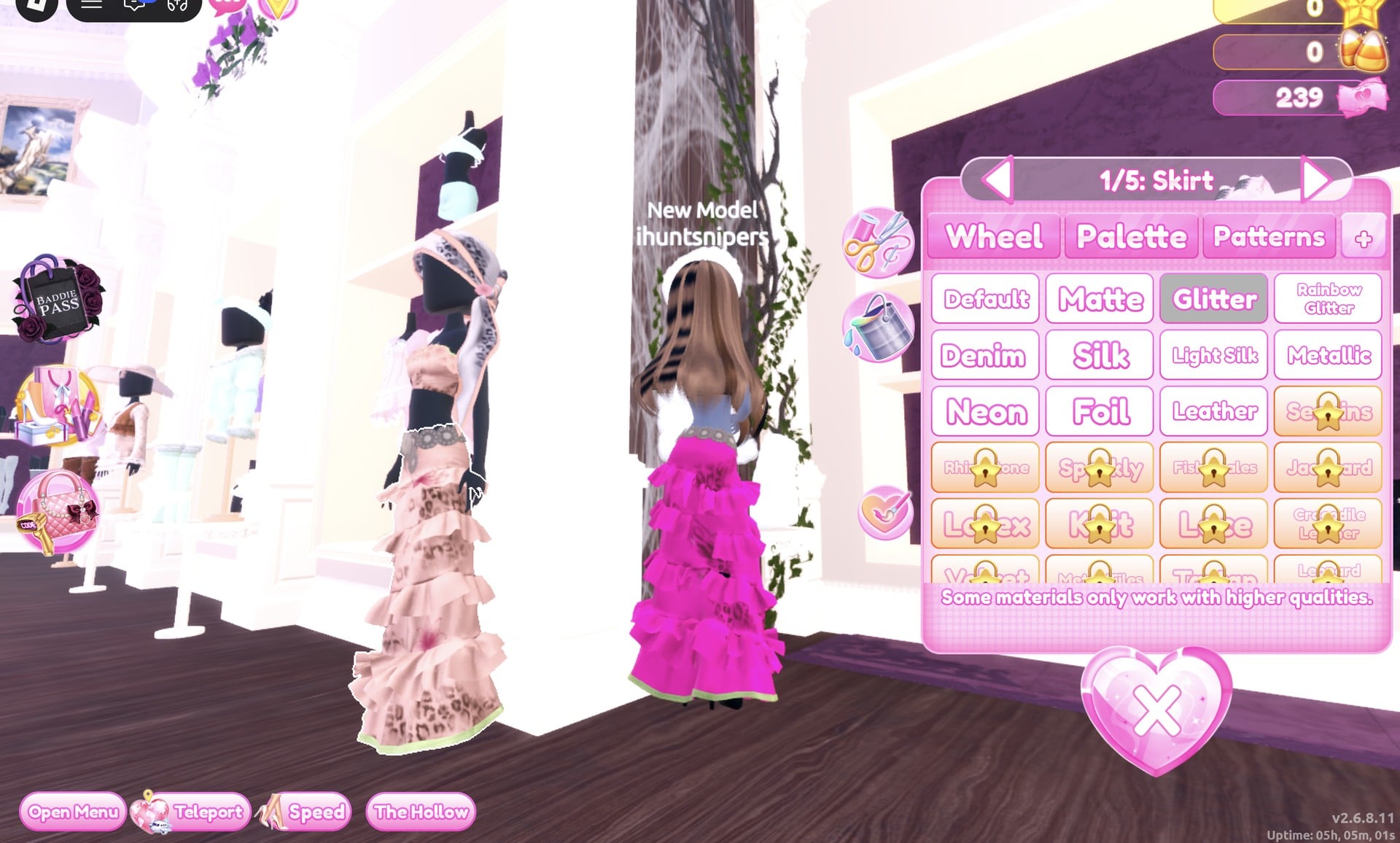 The + tab on 1/5: Skirt with Glitter selected, the gown now hot pink on our character
