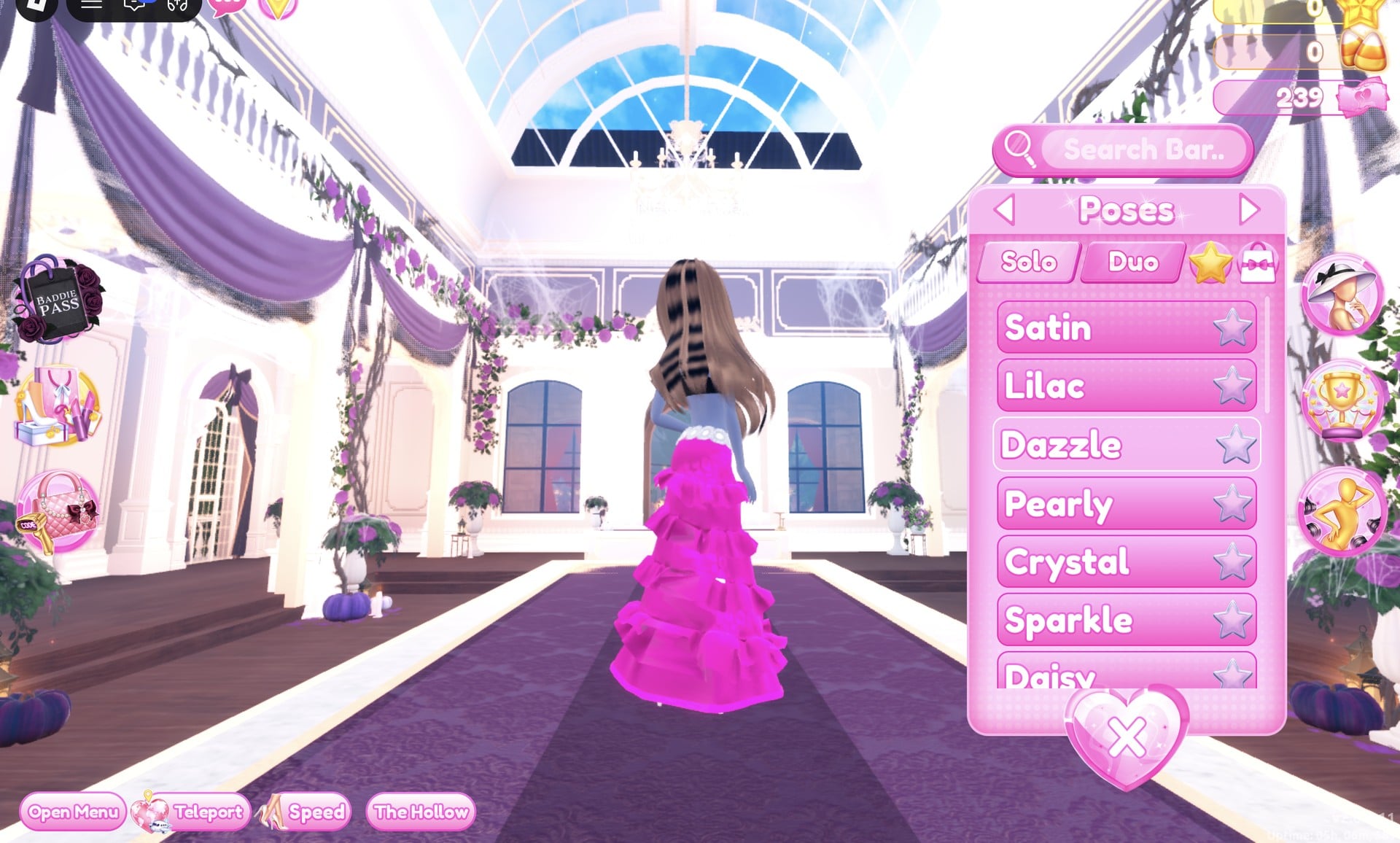 Poses panel on the Solo tab with Dazzle third in the list, our character in the pink gown on the runway