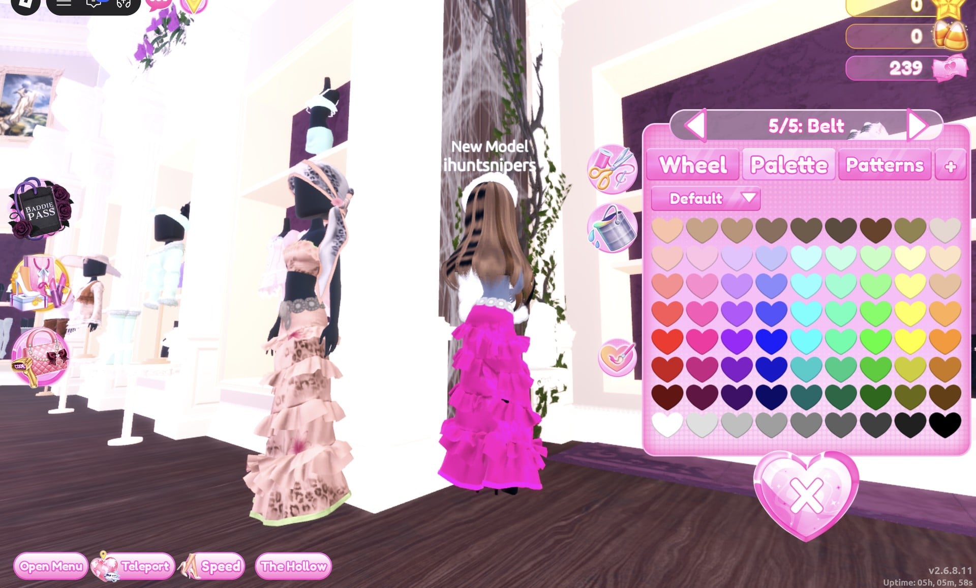 The Palette tab on 5/5: Belt with the finished hot-pink gown on our character