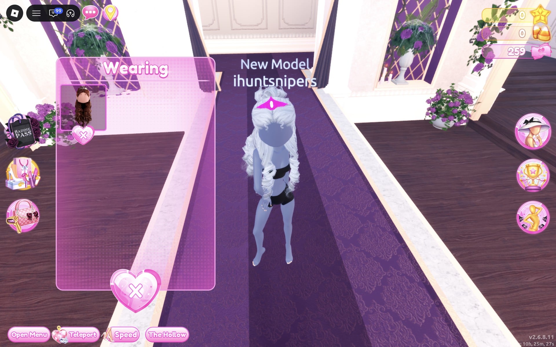 Wearing panel with only the hair, the character in the black base top and shorts with long platinum curls and a silver crown
