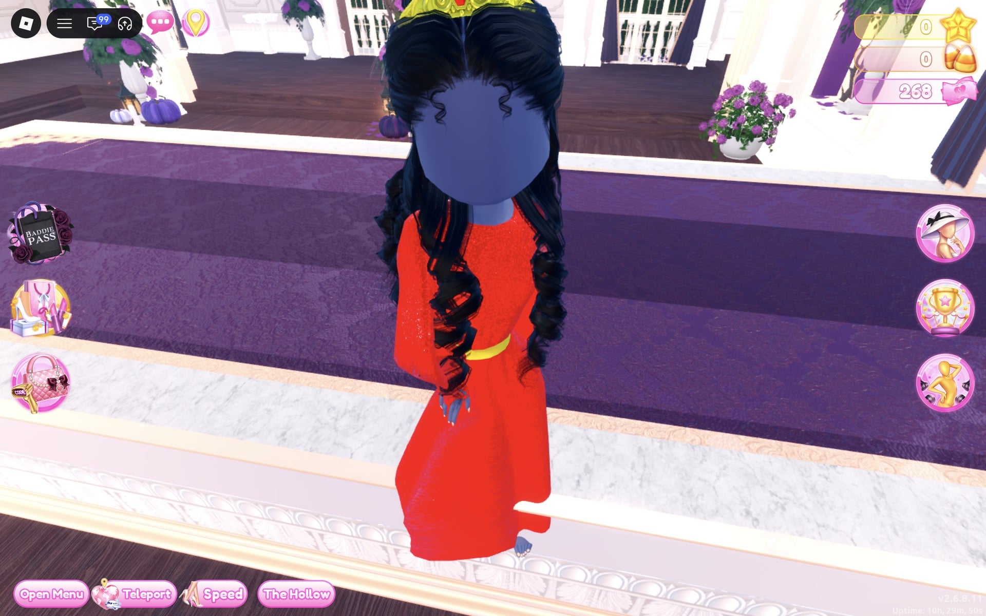 Red gown look close up from the front on the Freeplay Runway: red Glitter floor-length gown, gold belt, long black curls and a gold crown