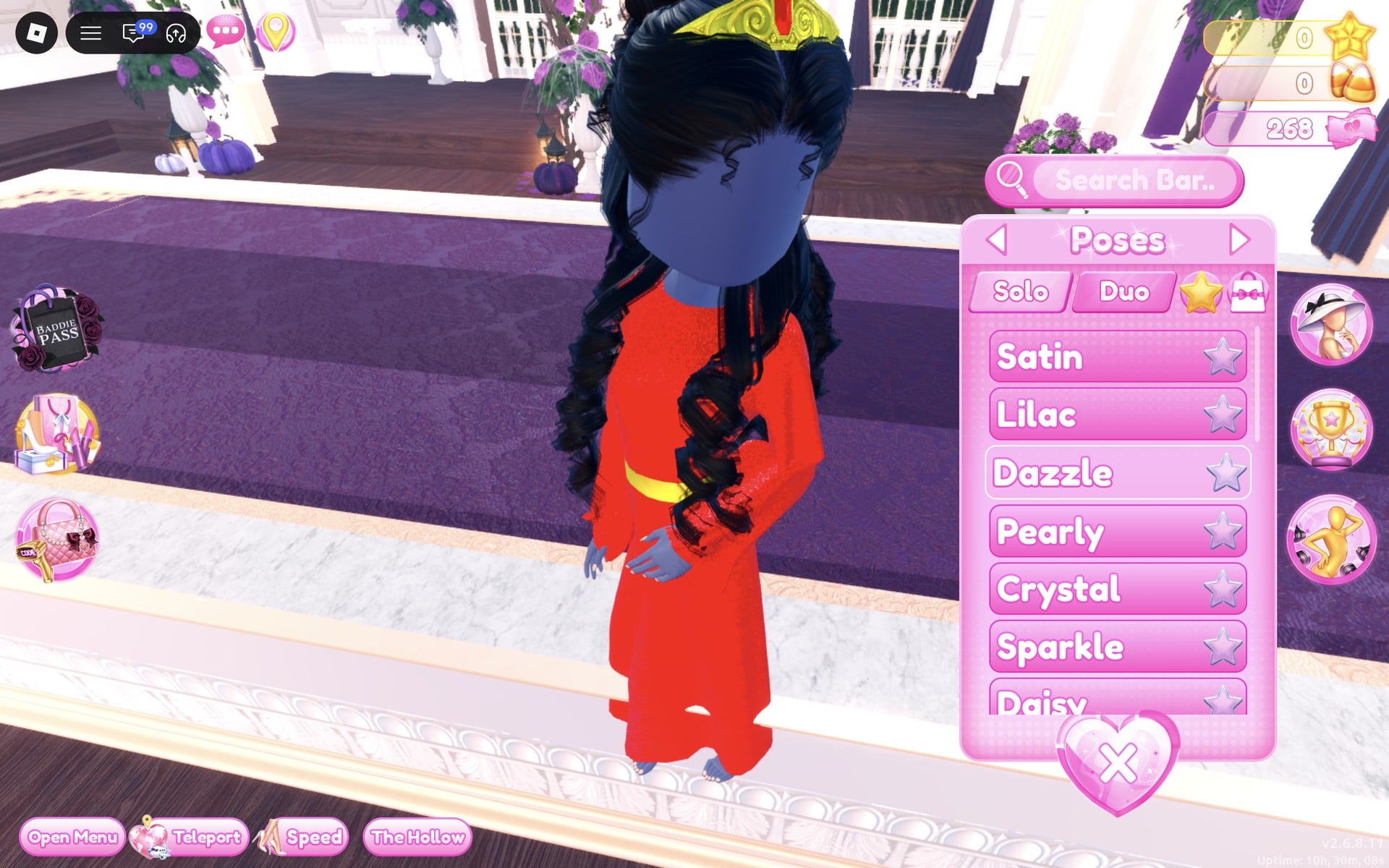Poses menu on the Solo tab with Dazzle in the list, the red gown look close up with one hand at the waist
