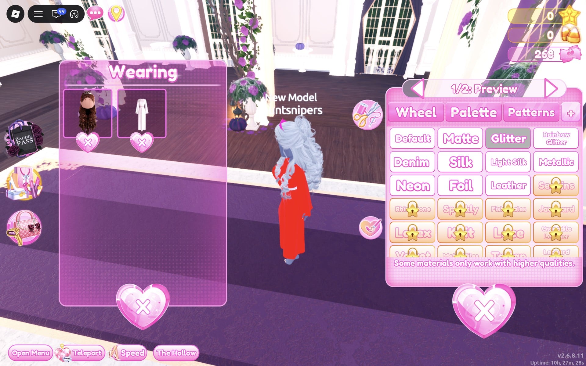 Colour panel at 1/2: Preview with the + tab open and Glitter selected, the robe red on the character