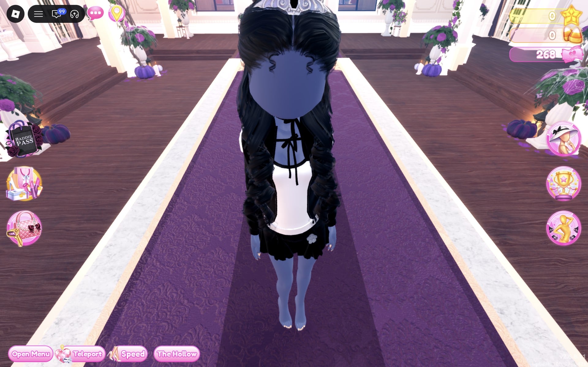 Tux-style look close up from the front on the Freeplay Runway: white shirt with a black neck ribbon, black jacket sleeves, black skirt with a small silver flower, black curls and a silver tiara