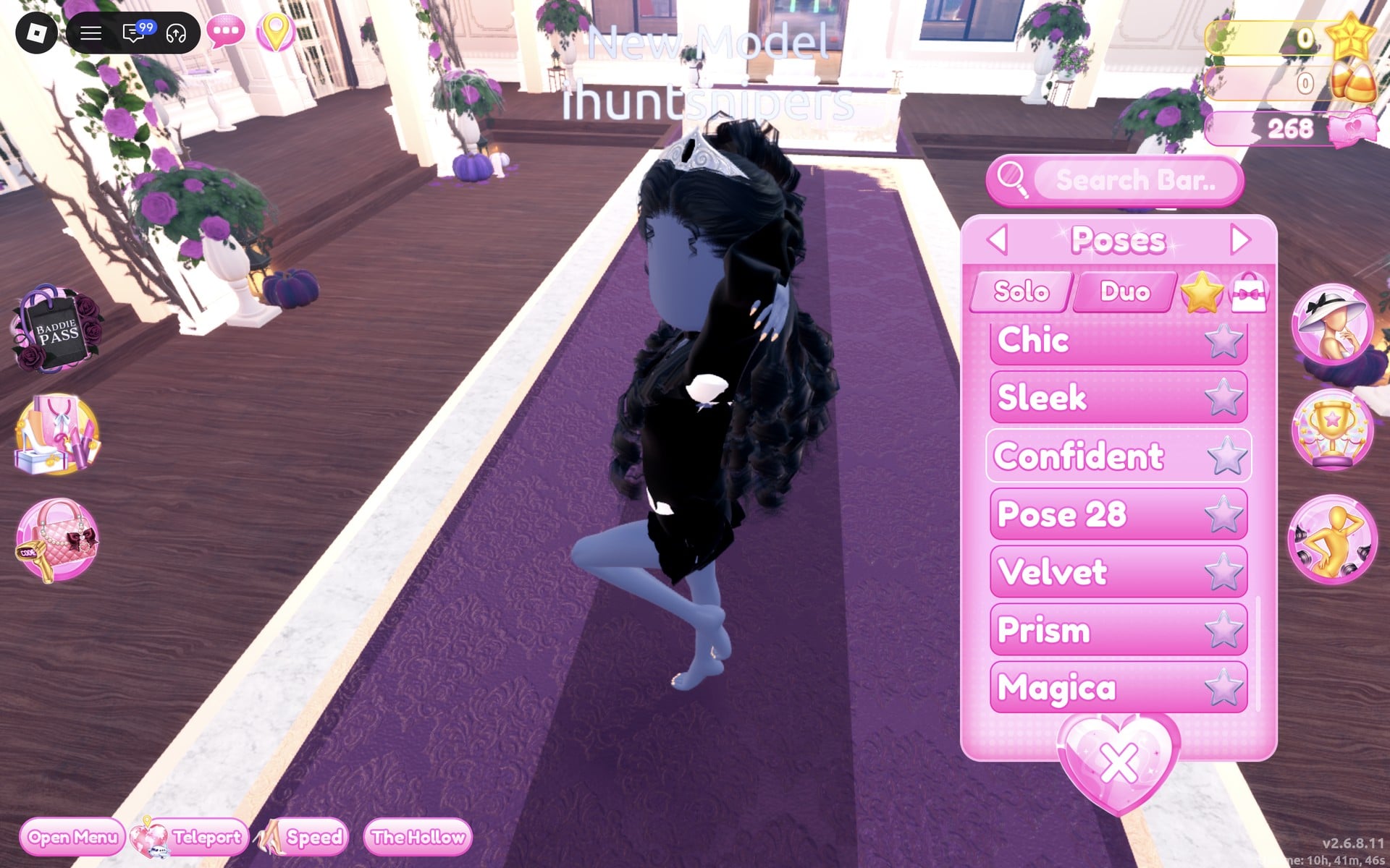 Poses menu on the Solo tab with Confident in the list, the character standing on one leg with a knee raised