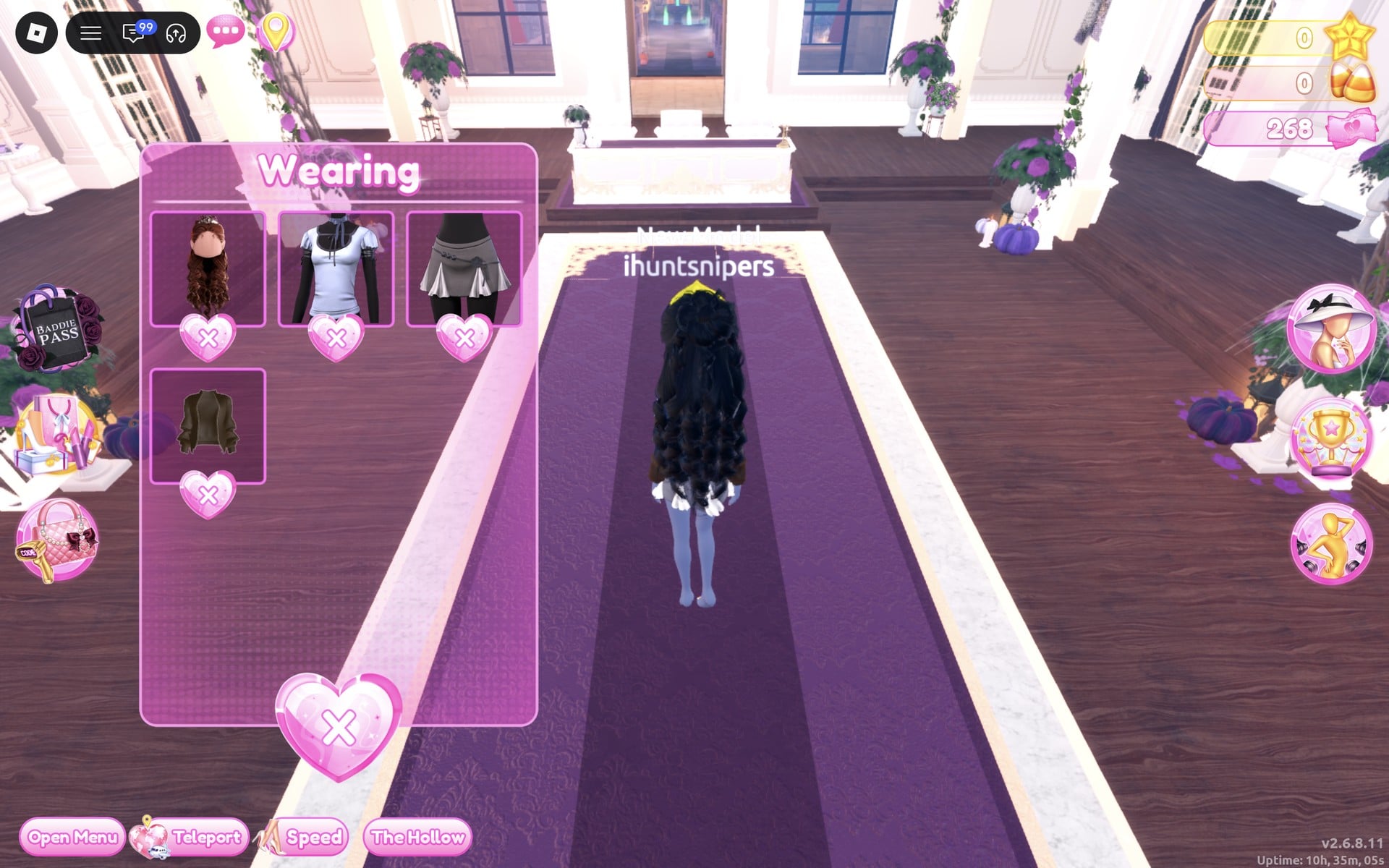 Wearing panel with four pictures: hair, shirt, skirt and jacket, the character on the Freeplay Runway seen from behind