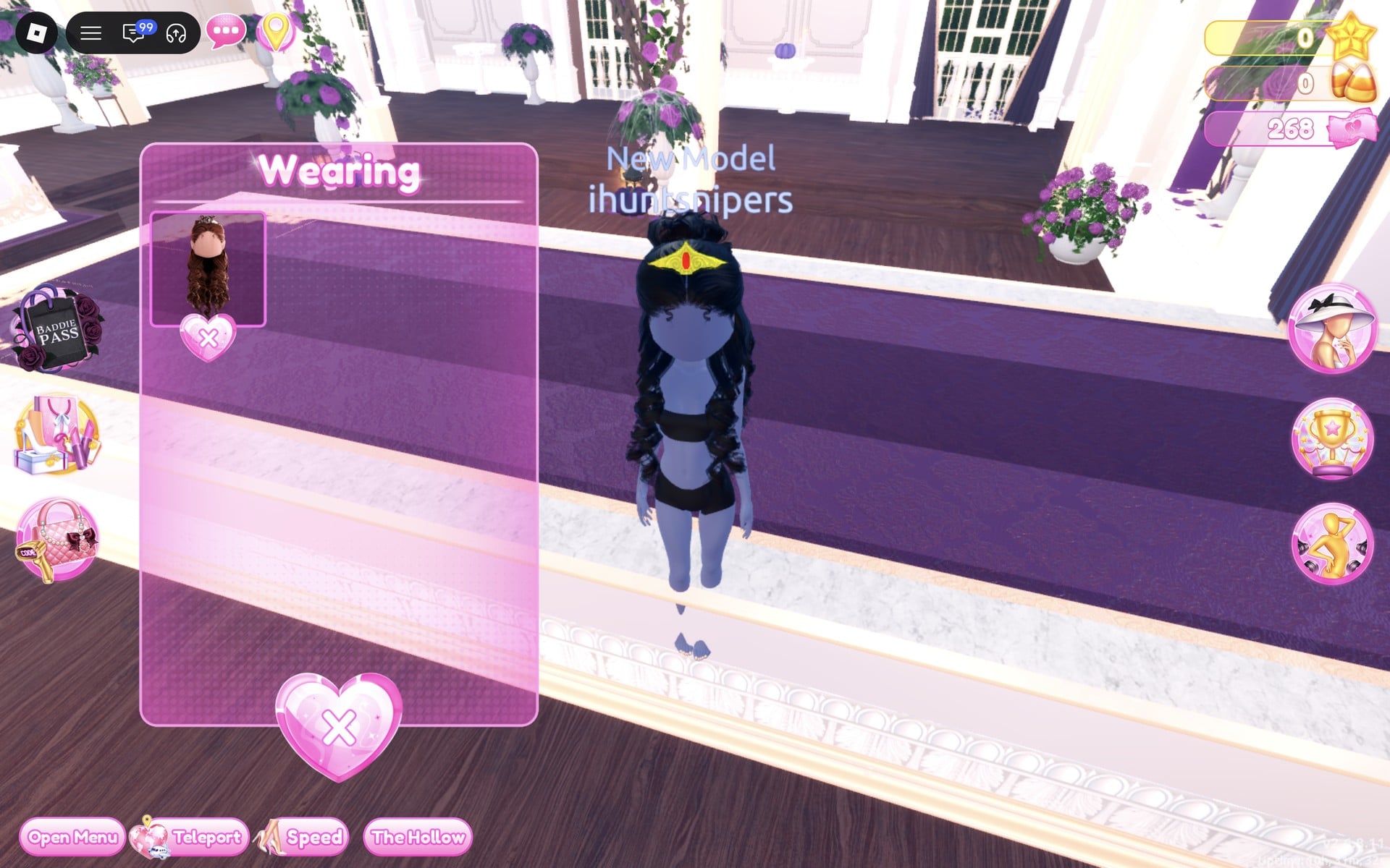 Wearing panel with only the hair, the character in the black base top and shorts with black curls and a gold crown