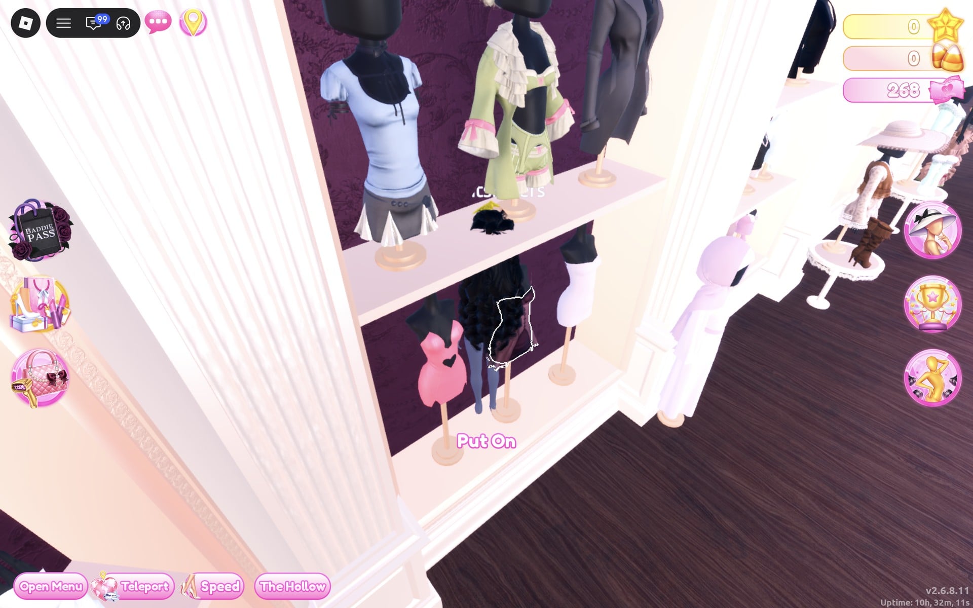 The short-dress shelf with a pale blue shirt over a grey skirt on the top row, a sage green coat set beside it and dresses on the bottom row