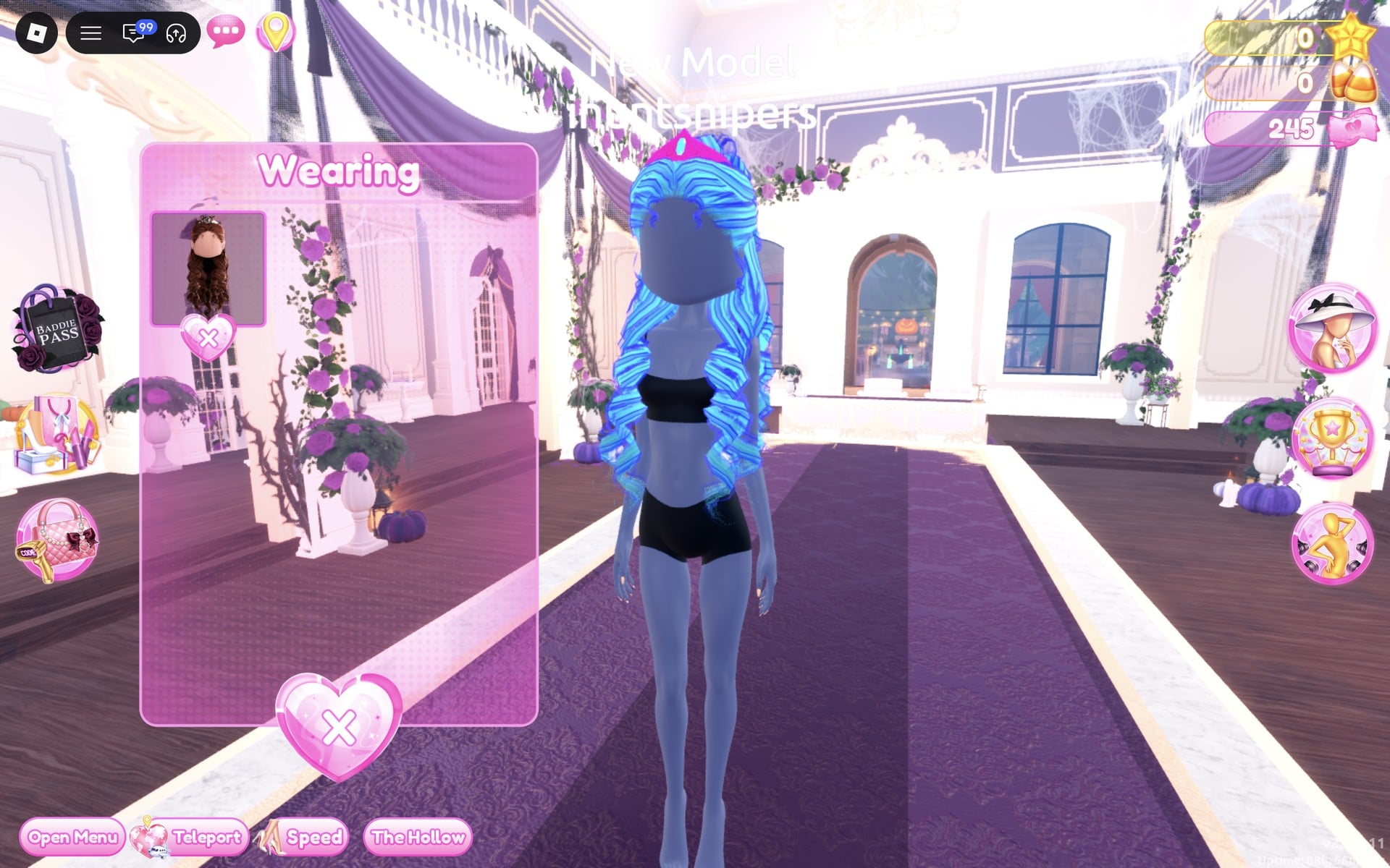 Wearing panel with only the hair, the character in the black base top and shorts with long cyan and blue curls and a pink crown