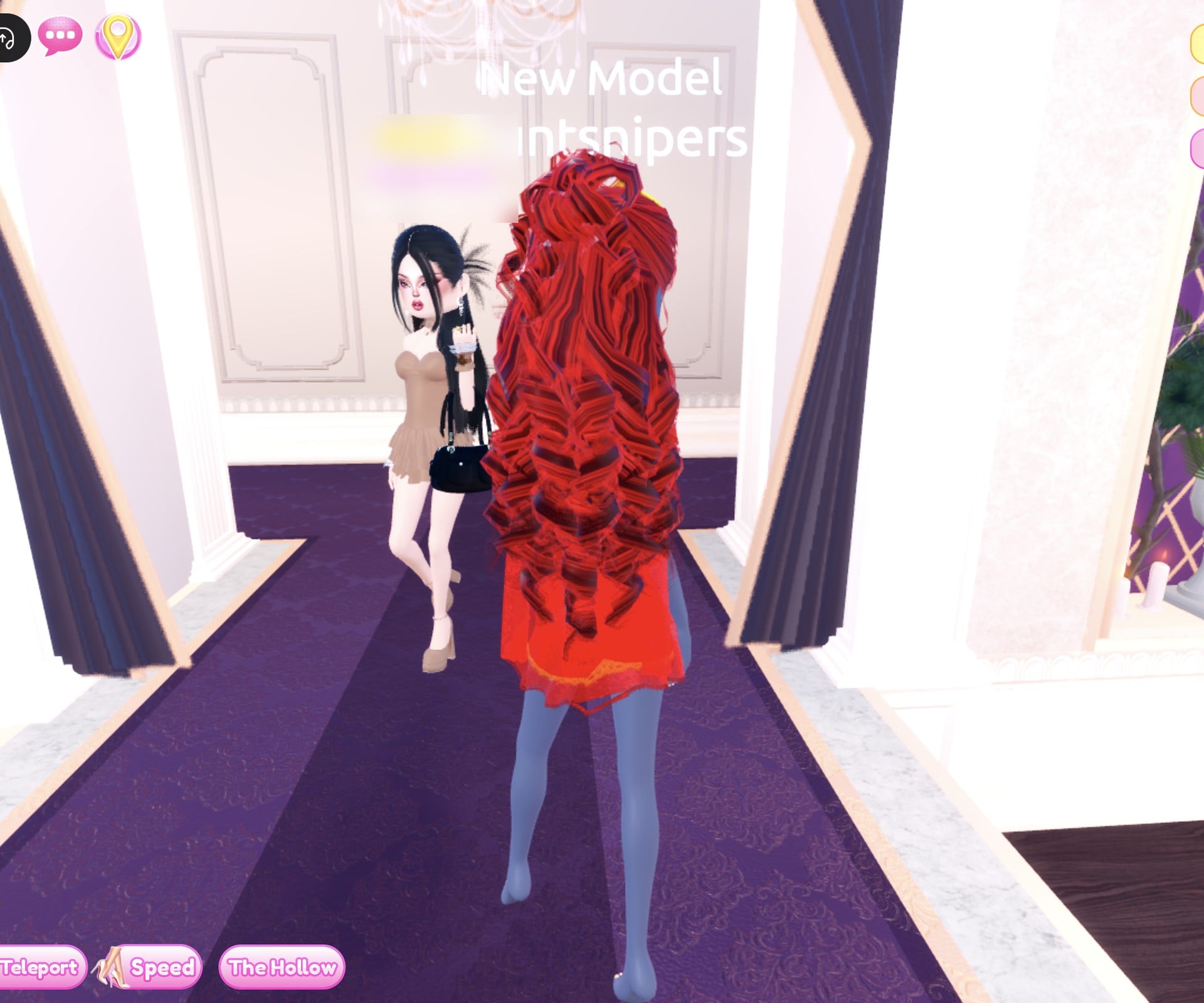 Ruby look from the back, long red curls over the red dress