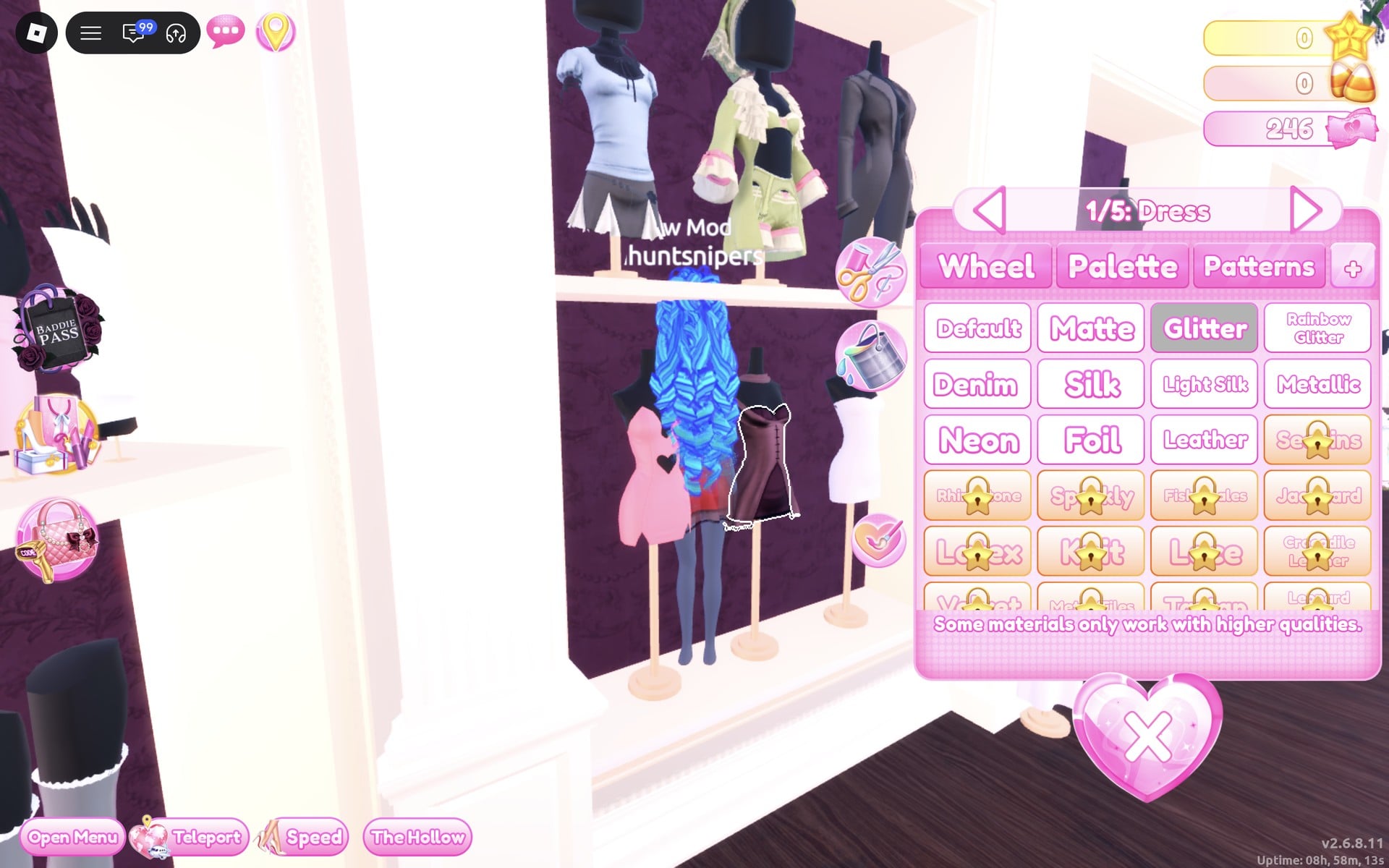 Colour panel at 1/5: Dress with Glitter selected in the + tab, beside the short-dress shelf