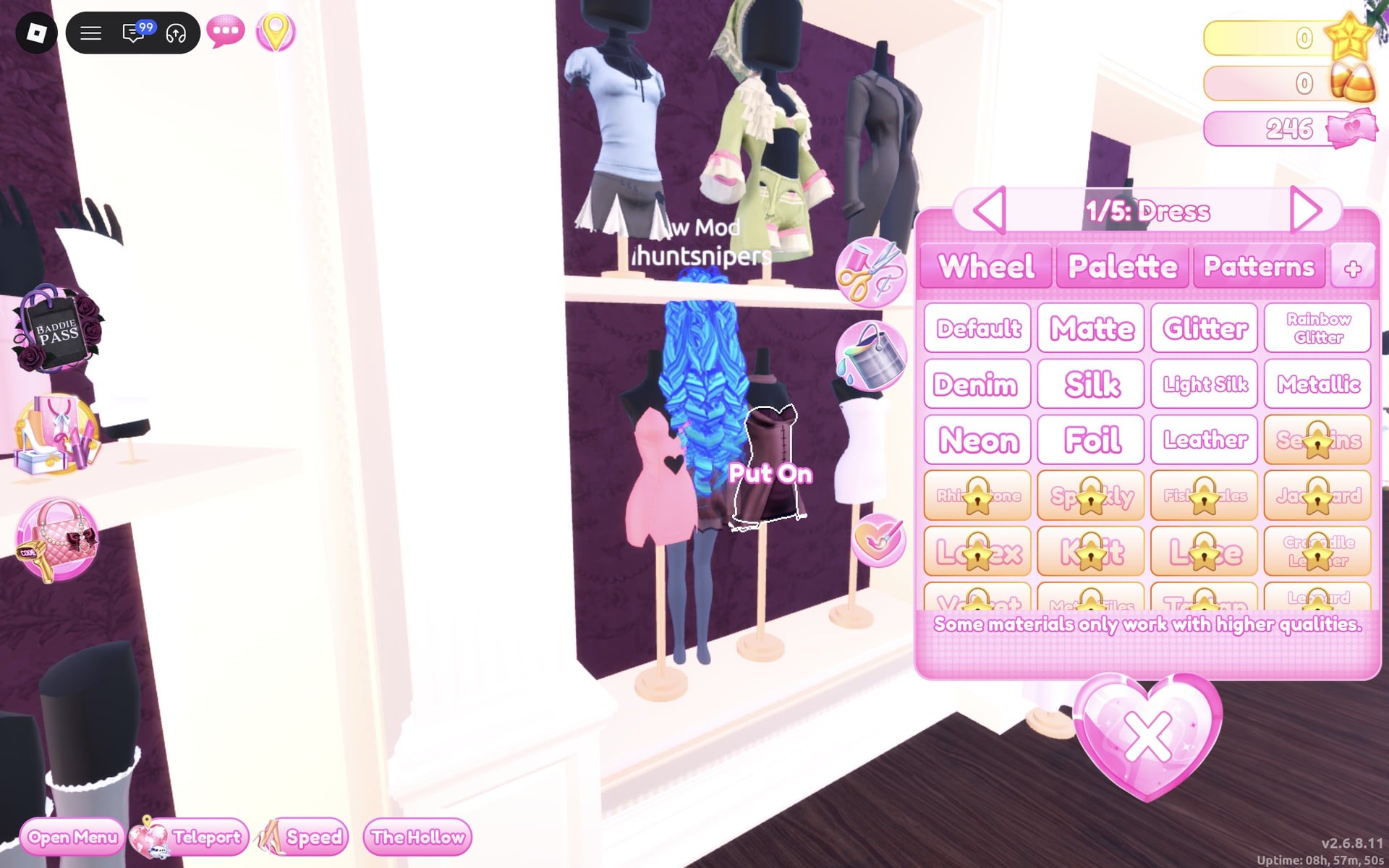 Short-dress shelf with a pink heart cut-out dress, a plum dress and a white strapless mini on busts, the colour panel open at 1/5: Dress and a Put On label beside the plum dress