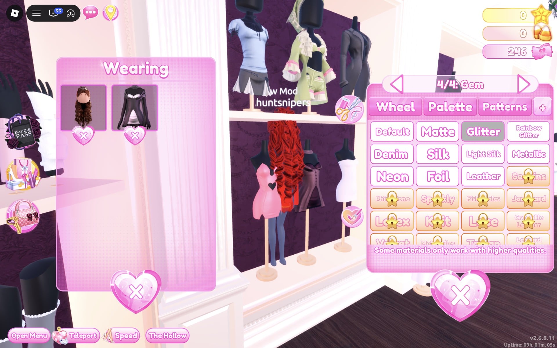 Wearing panel with the hair and dress, colour panel at 4/4: Gem with Glitter selected