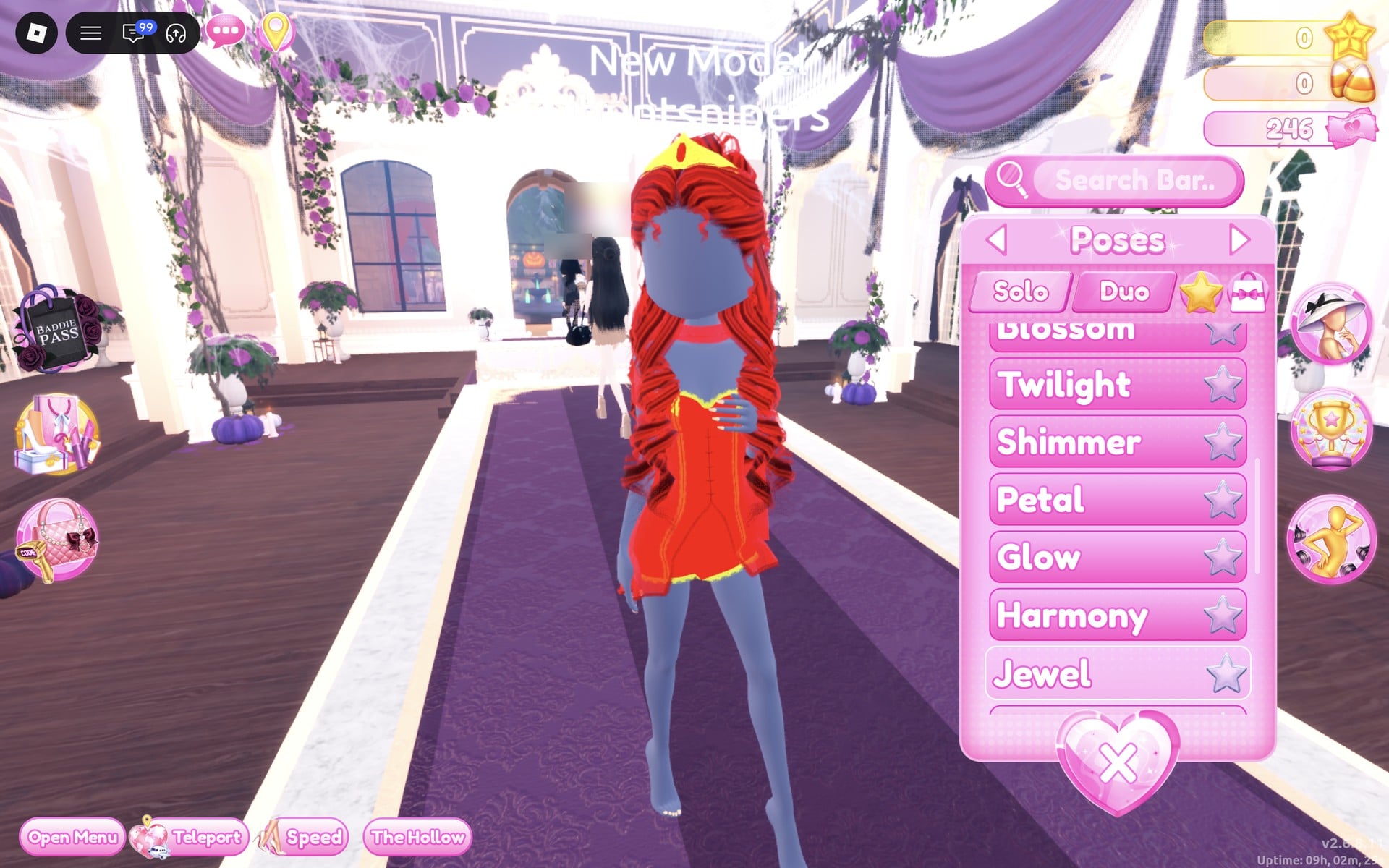 Poses menu on the Solo tab scrolled down to Jewel, the ruby look standing on the Freeplay Runway