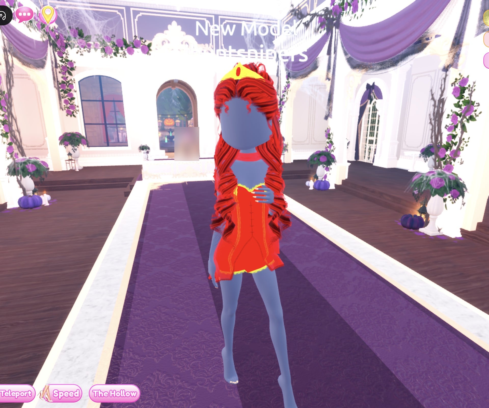 Ruby look on the Freeplay Runway in the Jewel pose: red glitter short dress with gold trim, long red curls and a gold crown with a red gem