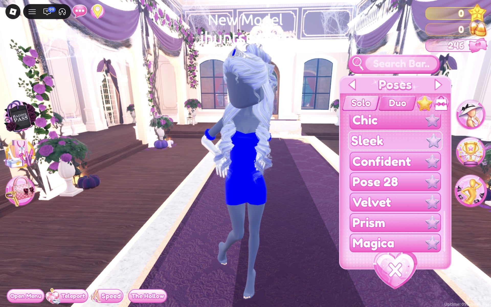 Poses menu on the Solo tab showing Chic, Sleek, Confident, Pose 28, Velvet, Prism and Magica, the sapphire look on the runway