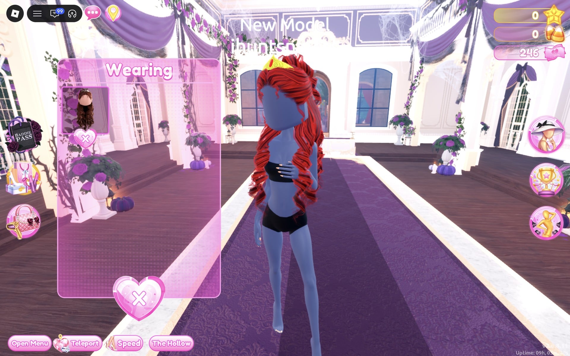Wearing panel with only the hair left, the character in the black base top and shorts with long red curls and a gold crown