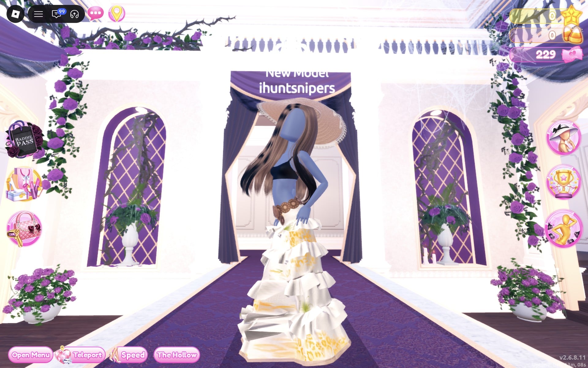 Our character in the Lilac pose with both hands on the hips, wearing the cream ruffled gown and tan sun hat