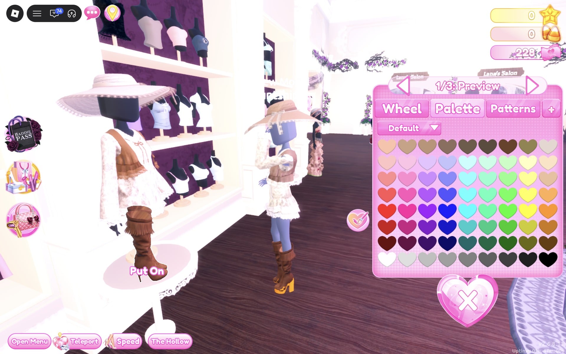Our character previewing the brown fringed knee boots from the mannequin, with the Put On button beside them