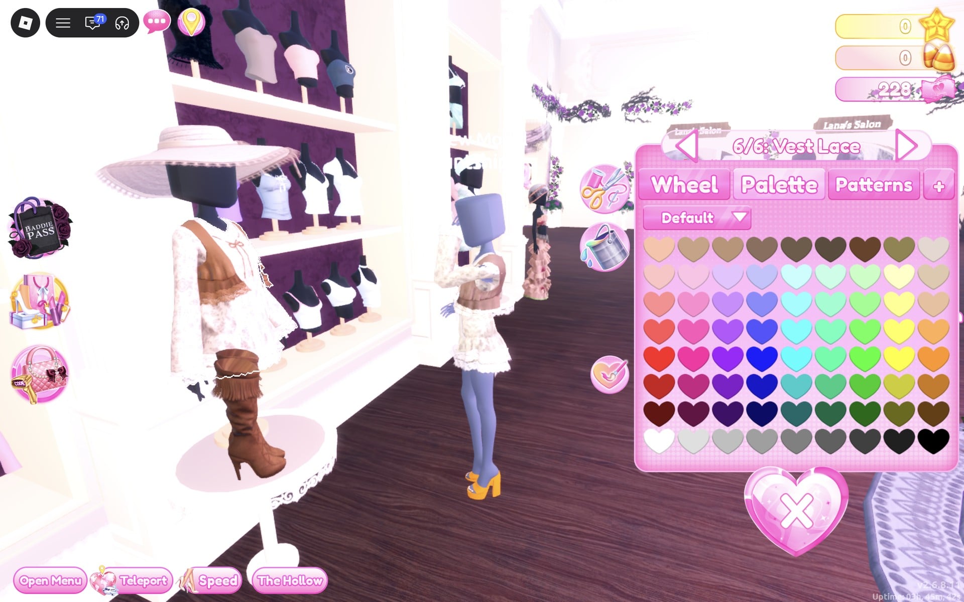 Colour panel on the 6/6: Vest Lace part, our character previewing the cream lace dress with a brown vest