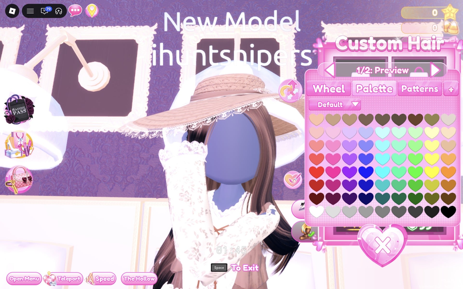 Custom Hair colour panel with the Default palette open while the wavy hair is set to brown