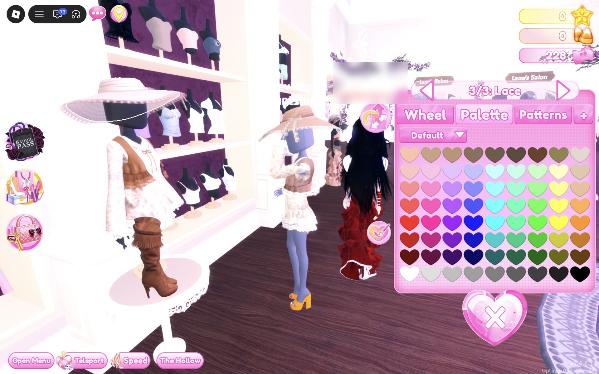 Colour panel on the 3/3: Lace part of the sun hat, our character wearing the tan hat and lace dress
