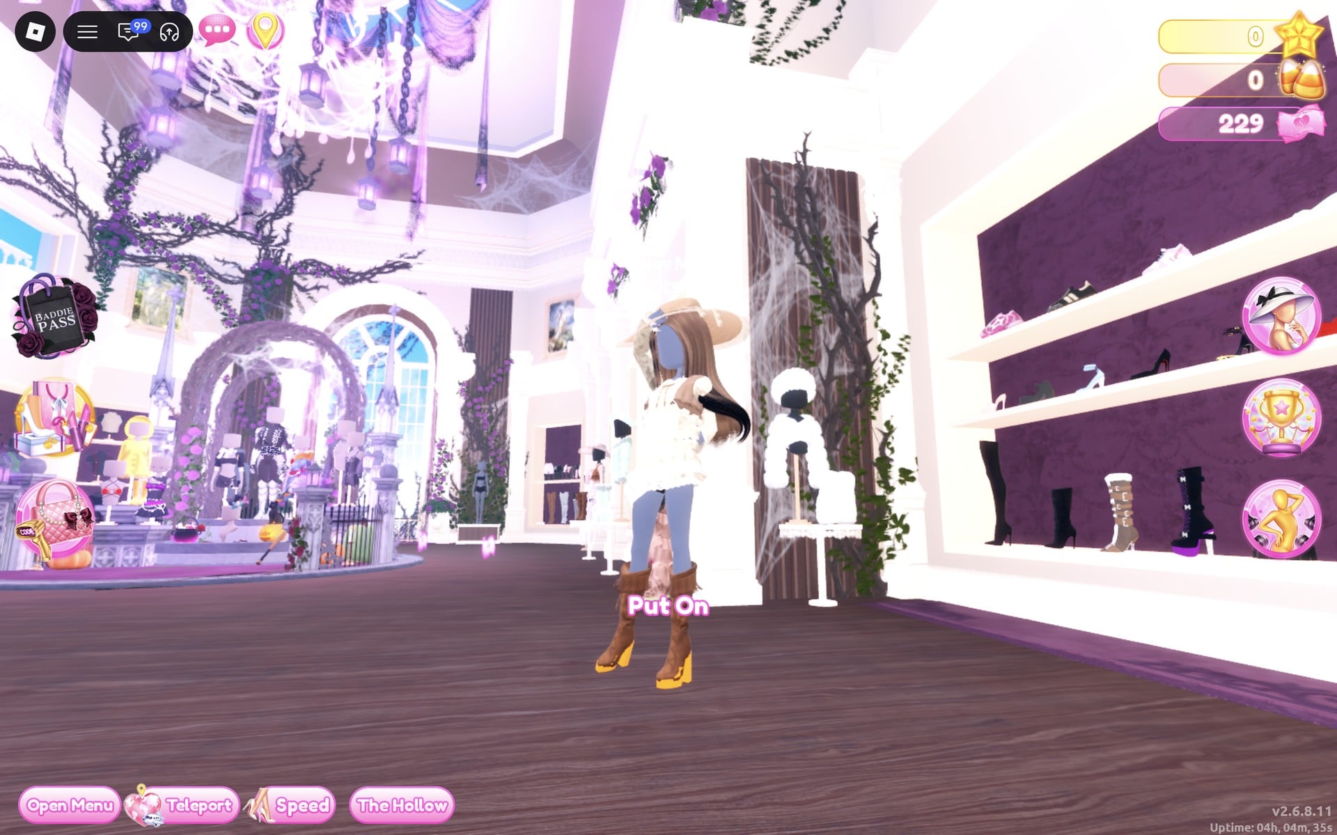 Our character beside the shoe and boot shelf in the Dressing Room main hall
