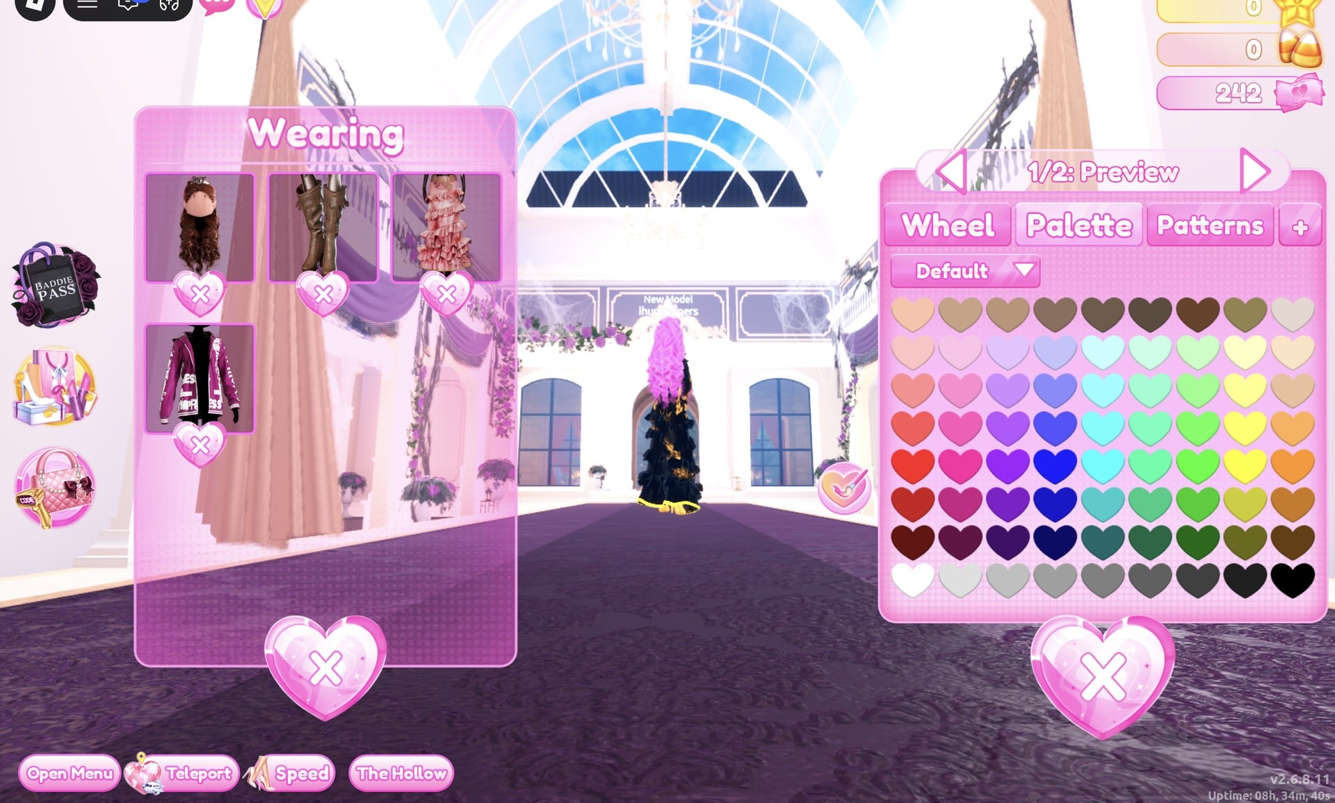 Palette tab of the colour panel on the printed jacket's 1/2: Preview part, Default palette of hearts, Wearing panel showing the jacket in its original maroon