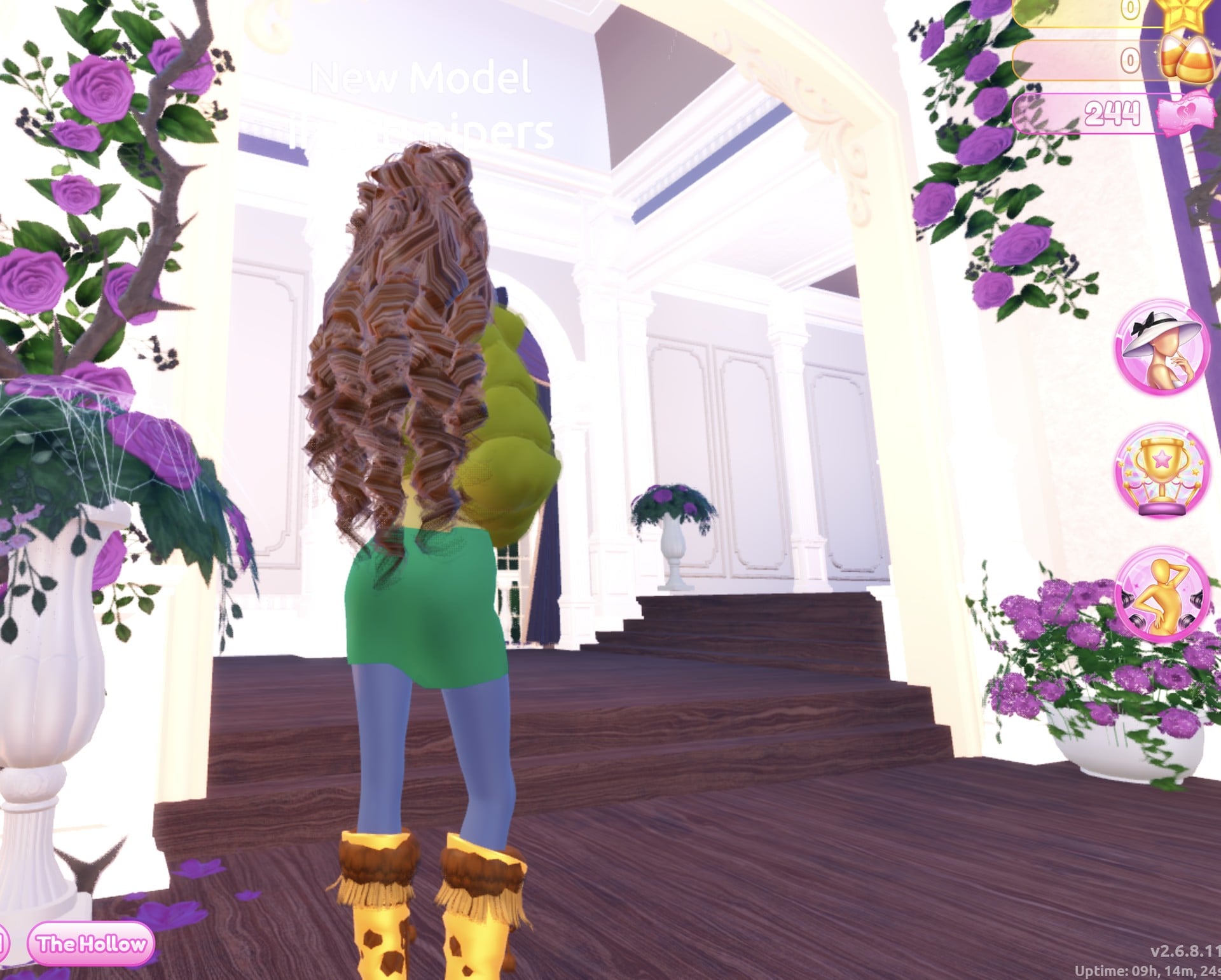 Olive fur and green mini look from the back: brown curls over the olive fur jacket, green mini skirt and mustard fringed boots