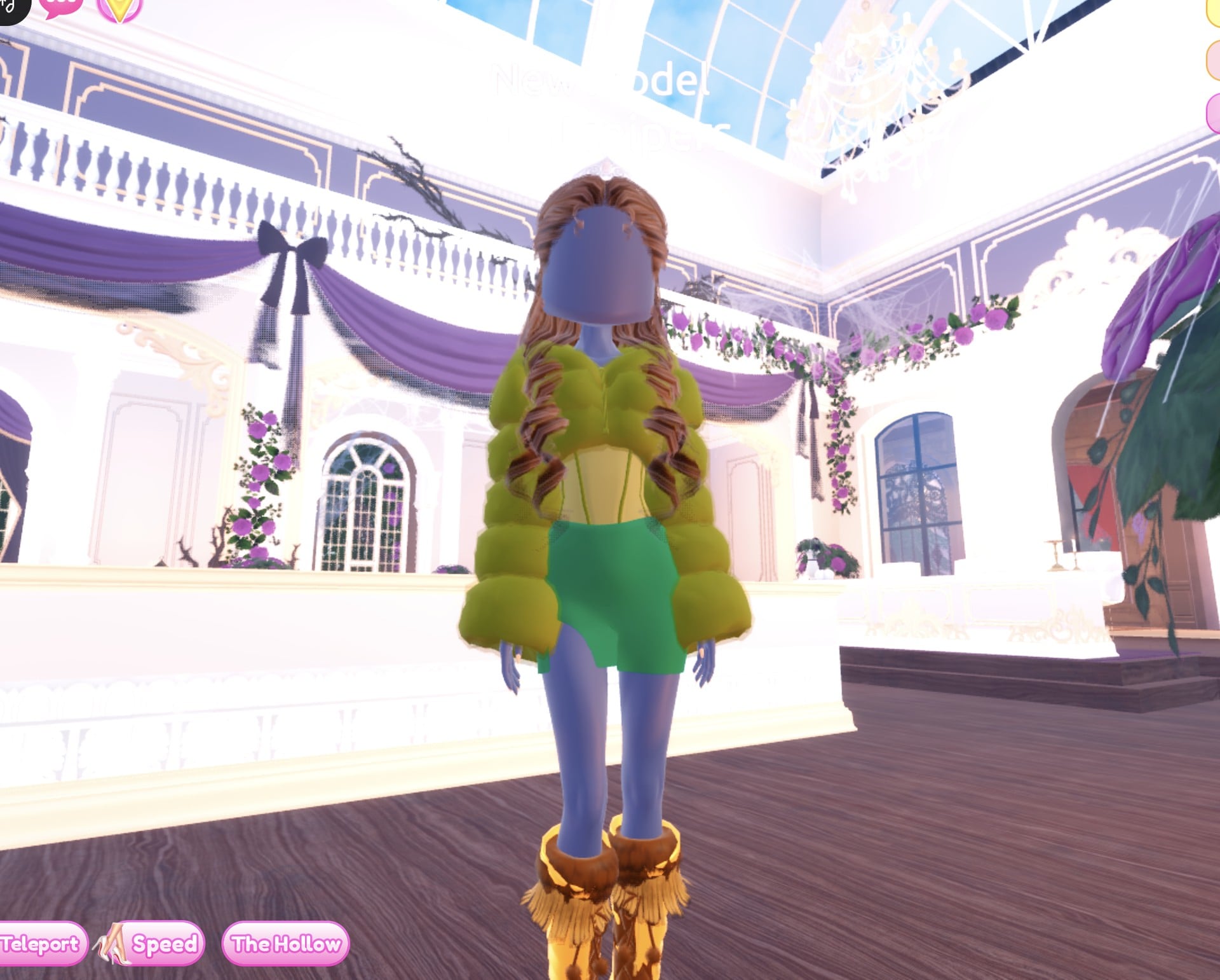 Olive fur and green mini Camouflage look: puffy olive fur jacket, yellow-olive top, green mini skirt with a side slit, brown half-up curls and mustard fringed boots