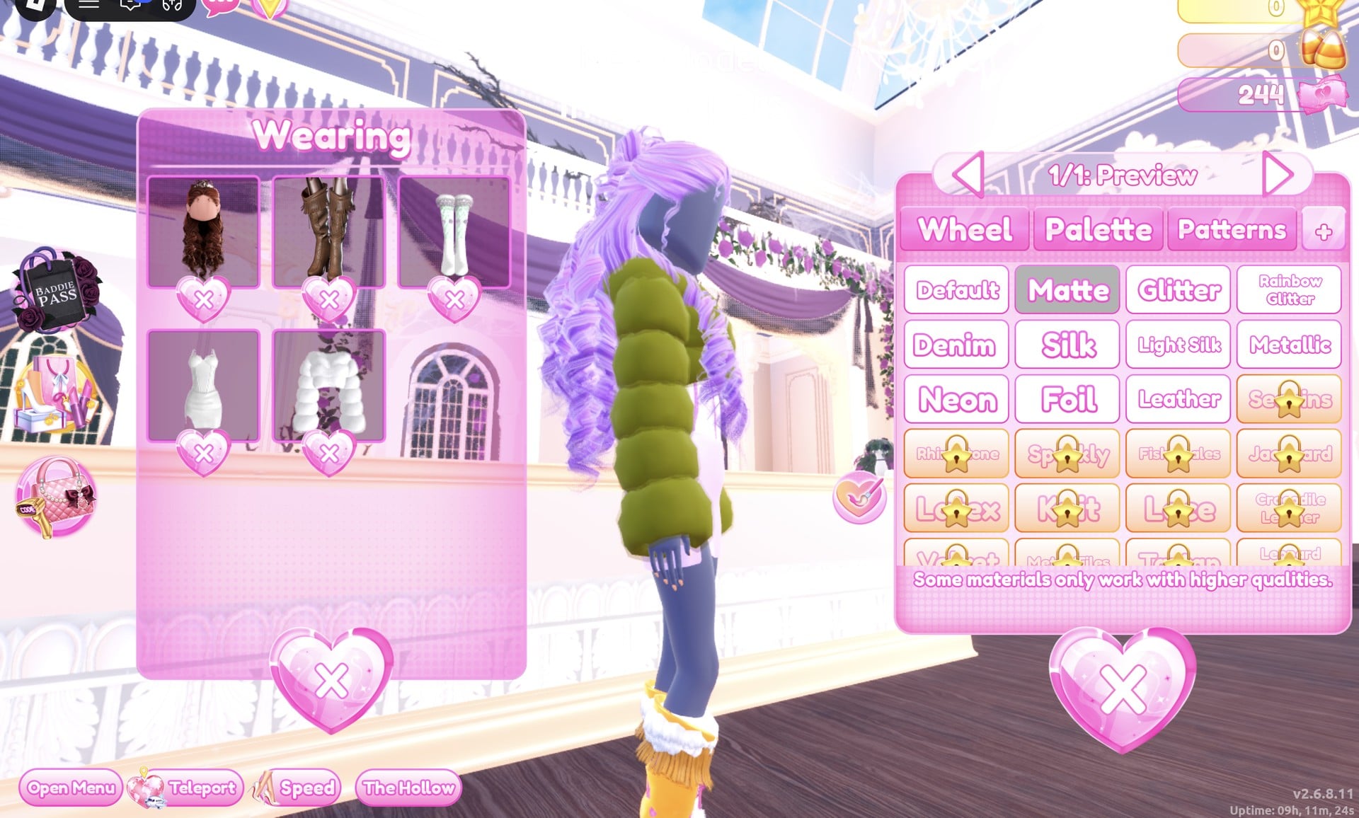 Colour panel on the fur jacket's 1/1: Preview part with Matte selected, olive fur jacket and lilac curls on the character