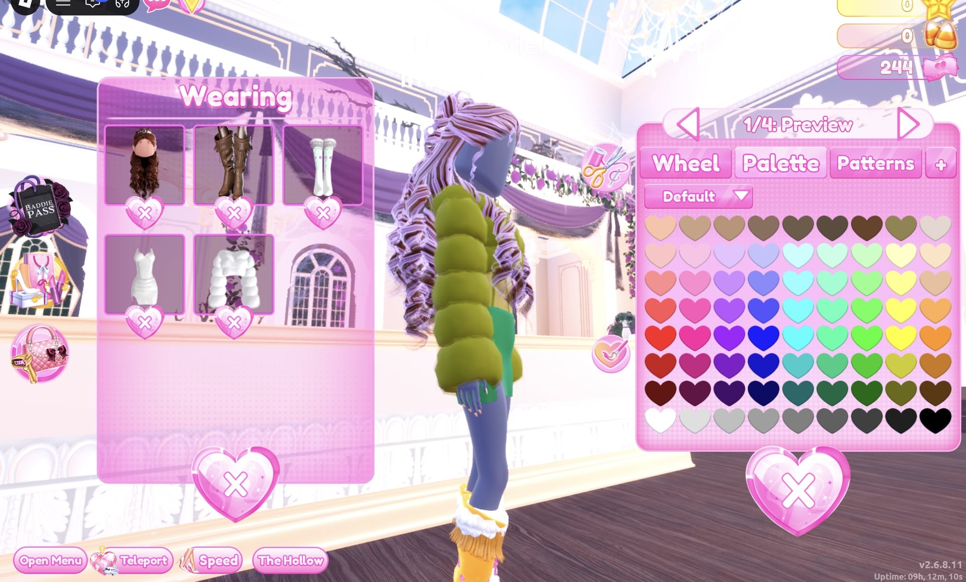 Palette tab on the hair's 1/4: Preview part, curls part lilac and part brown