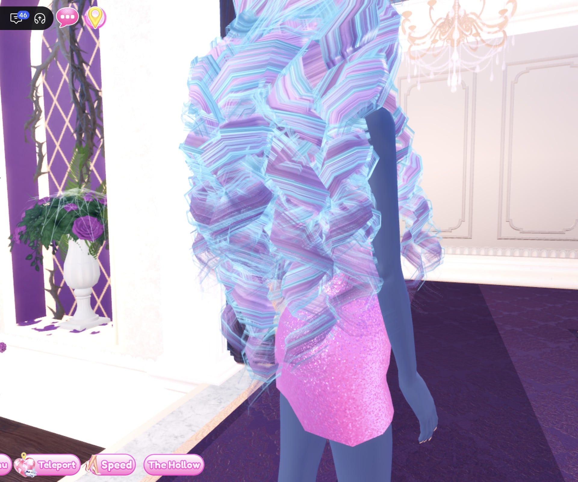 Close-up of the curls from behind, striped in pink-lilac and baby blue