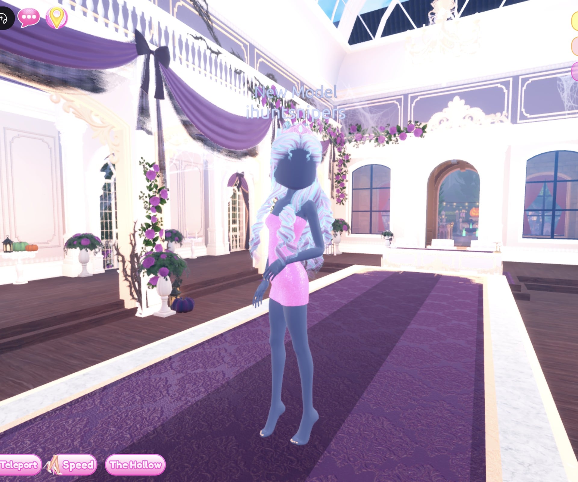 Pink Glitter strapless mini on the Freeplay Runway, long curls striped pale pink and baby blue, small pink crown, Dazzle pose with a hand at the waist