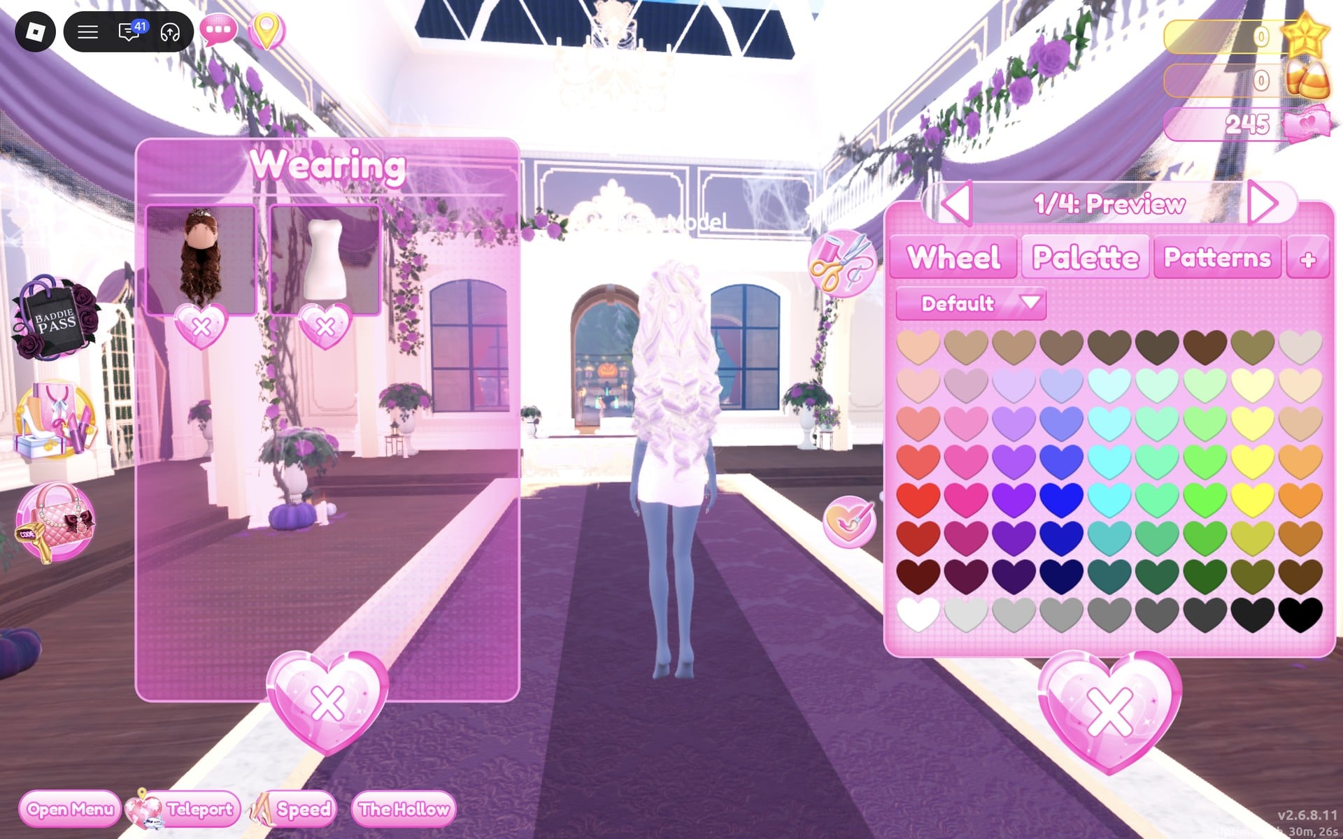 Palette tab of the colour panel on the hair's 1/4: Preview part, Default palette of hearts, the Wearing panel beside it