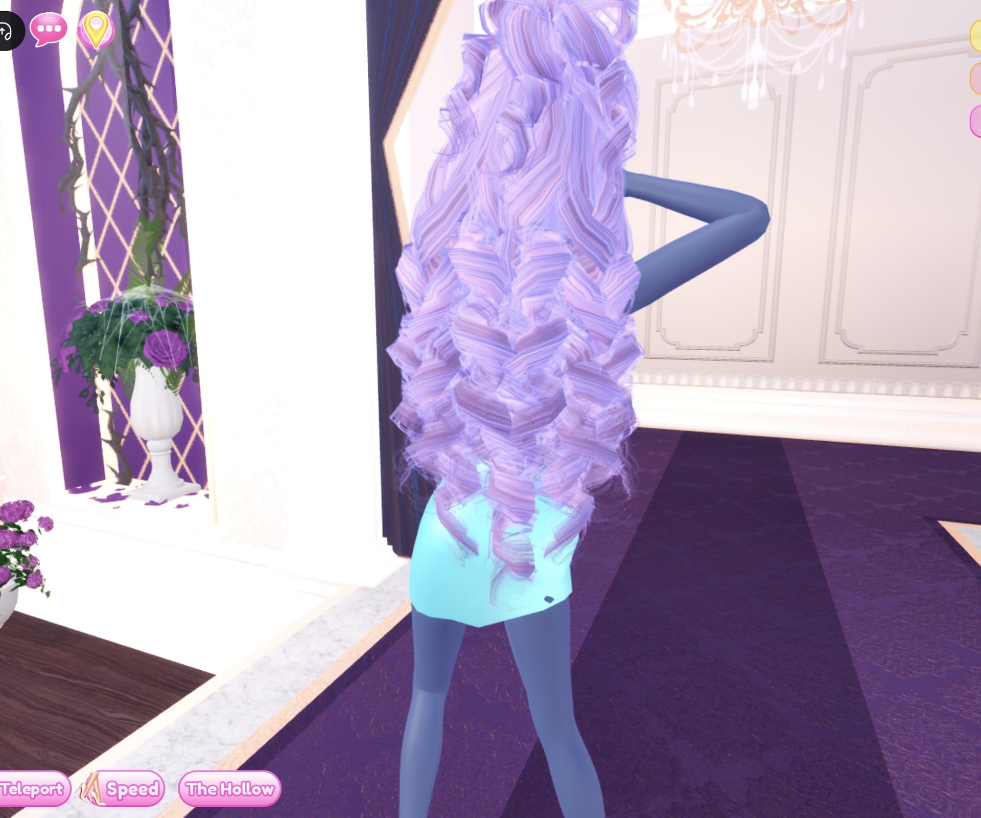 Look 2 from the back, lilac curls over the baby blue mini