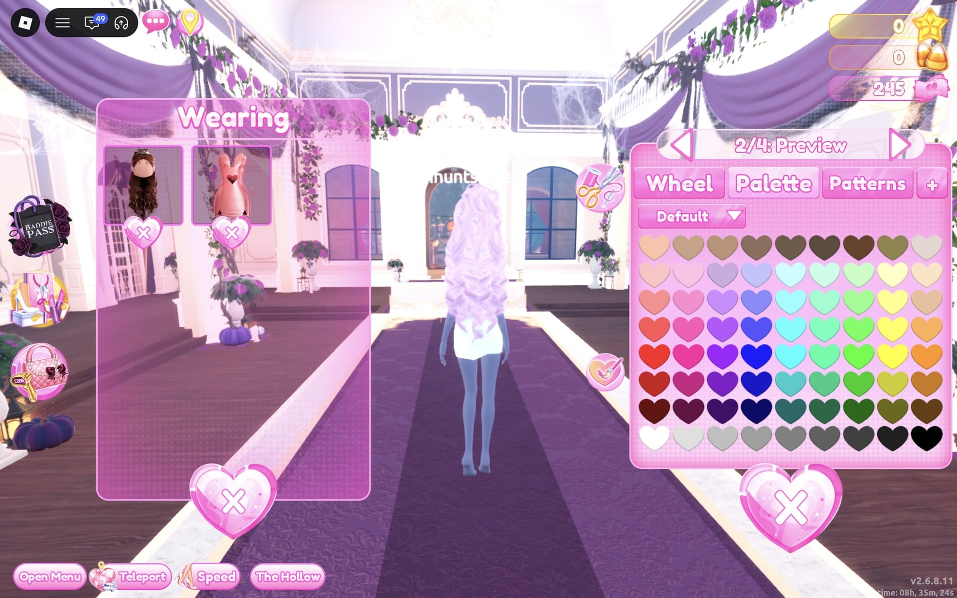 Palette tab on the hair's 2/4: Preview part with the Wearing panel open beside it