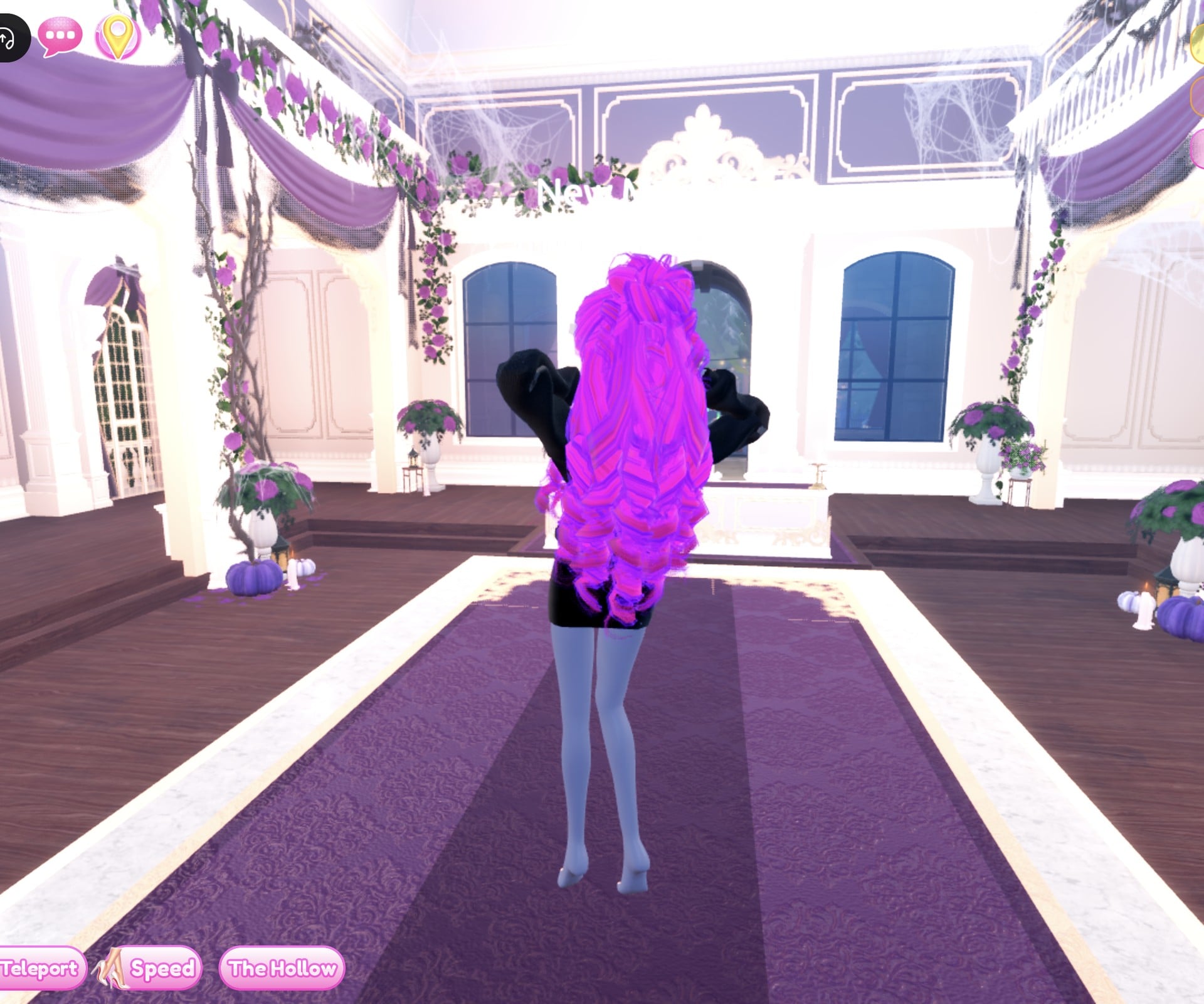 Look 1 from behind on the runway, long magenta curls over the black jacket