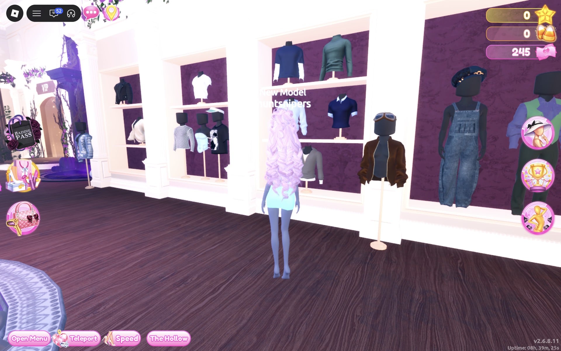 Bust in a brown bomber jacket with flight goggles on its head, in front of shelves of shirts and denim overalls, the character beside it