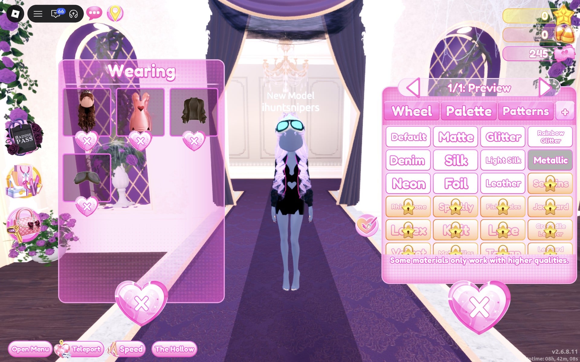 Colour panel at 1/1: Preview with Metallic selected, the heart mini black on the character