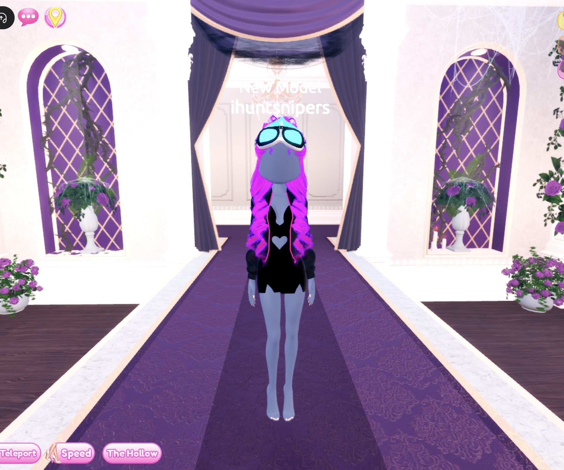 Look 1 on the Freeplay Runway: magenta Neon curls, cyan Neon goggles, black bomber, black Metallic mini with a heart cut-out, bare legs