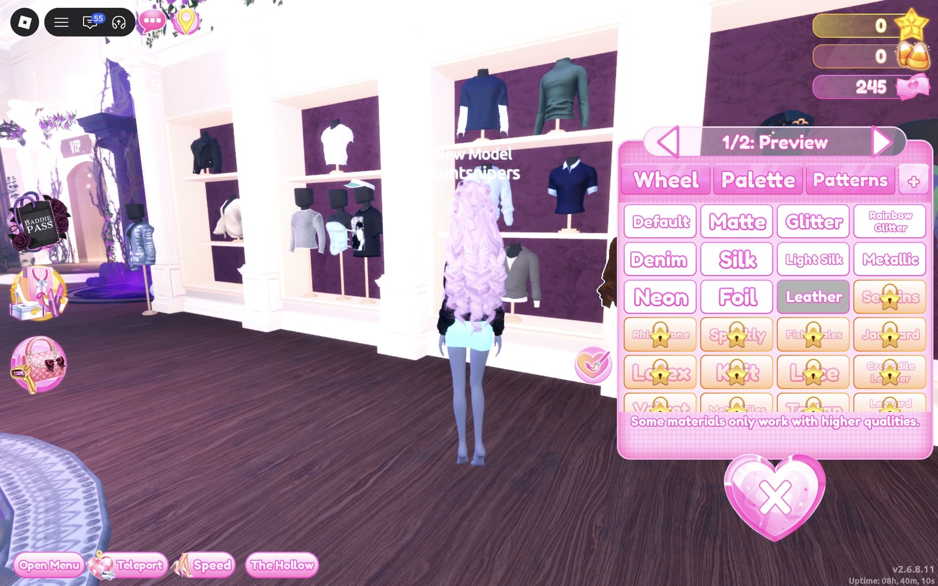 Colour panel at 1/2: Preview with Leather selected in the + tab, the bust and the shirt shelves behind