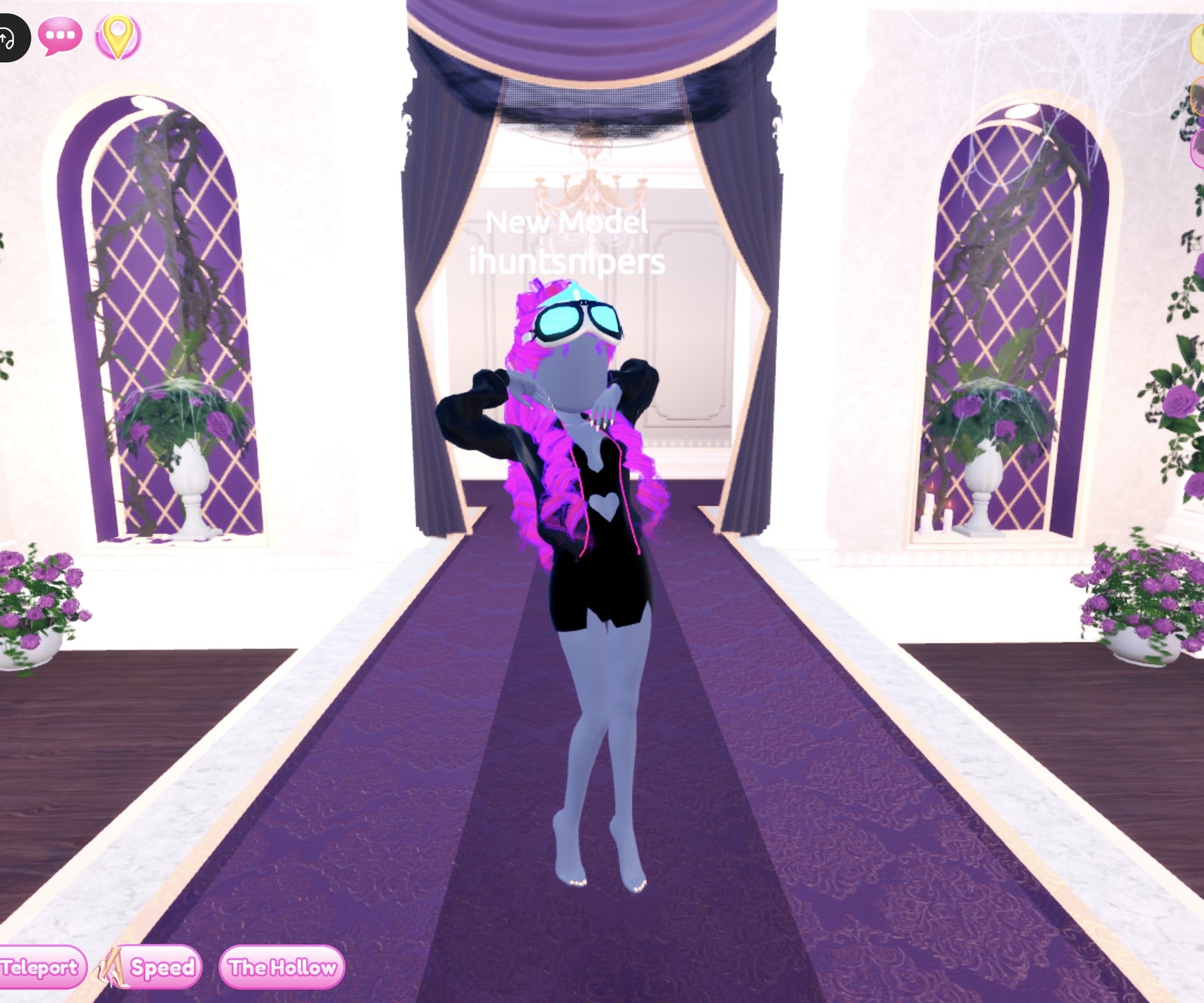Look 1 in the Crystal pose with both hands up at the head