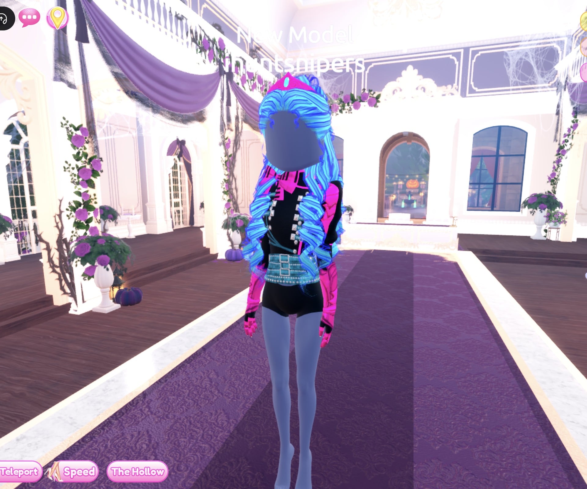 Look 2 on the Freeplay Runway: studded black jacket, glowing cyan buckled belt, hot pink sleeves and collar bow, black base shorts, cyan and blue curls with a hot pink crown