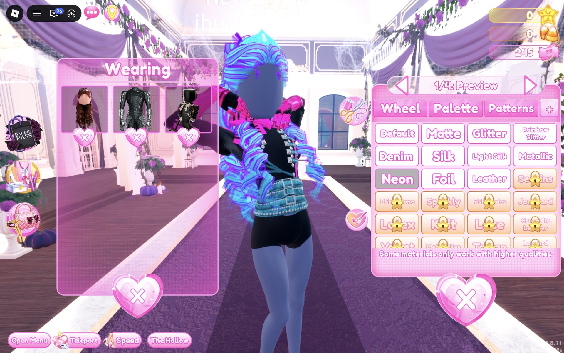 Colour panel on the hair's 1/4: Preview part with Neon selected, the curls glowing cyan and blue