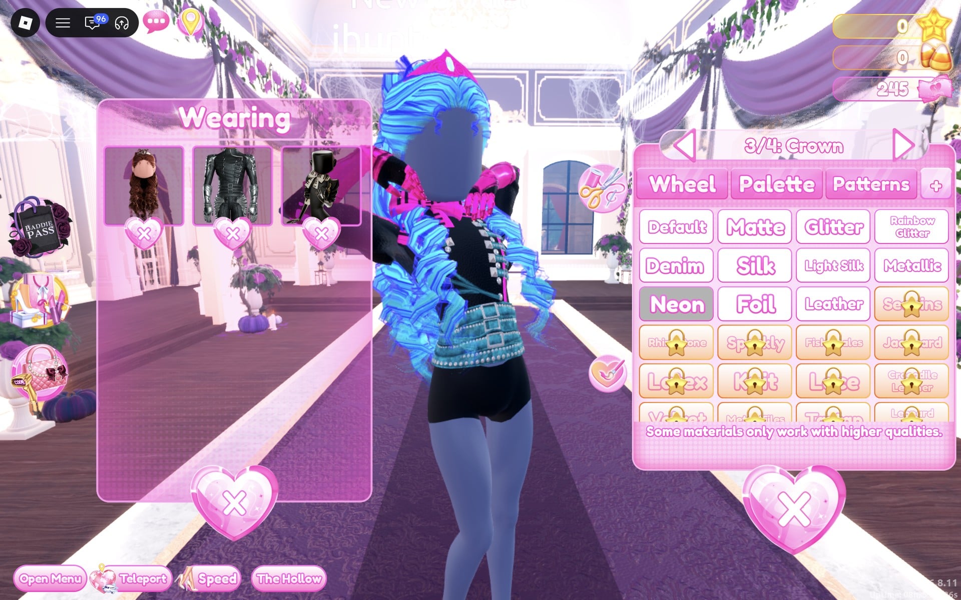 Colour panel on the hair's 3/4: Crown part with Neon selected, a hot pink crown on the cyan curls