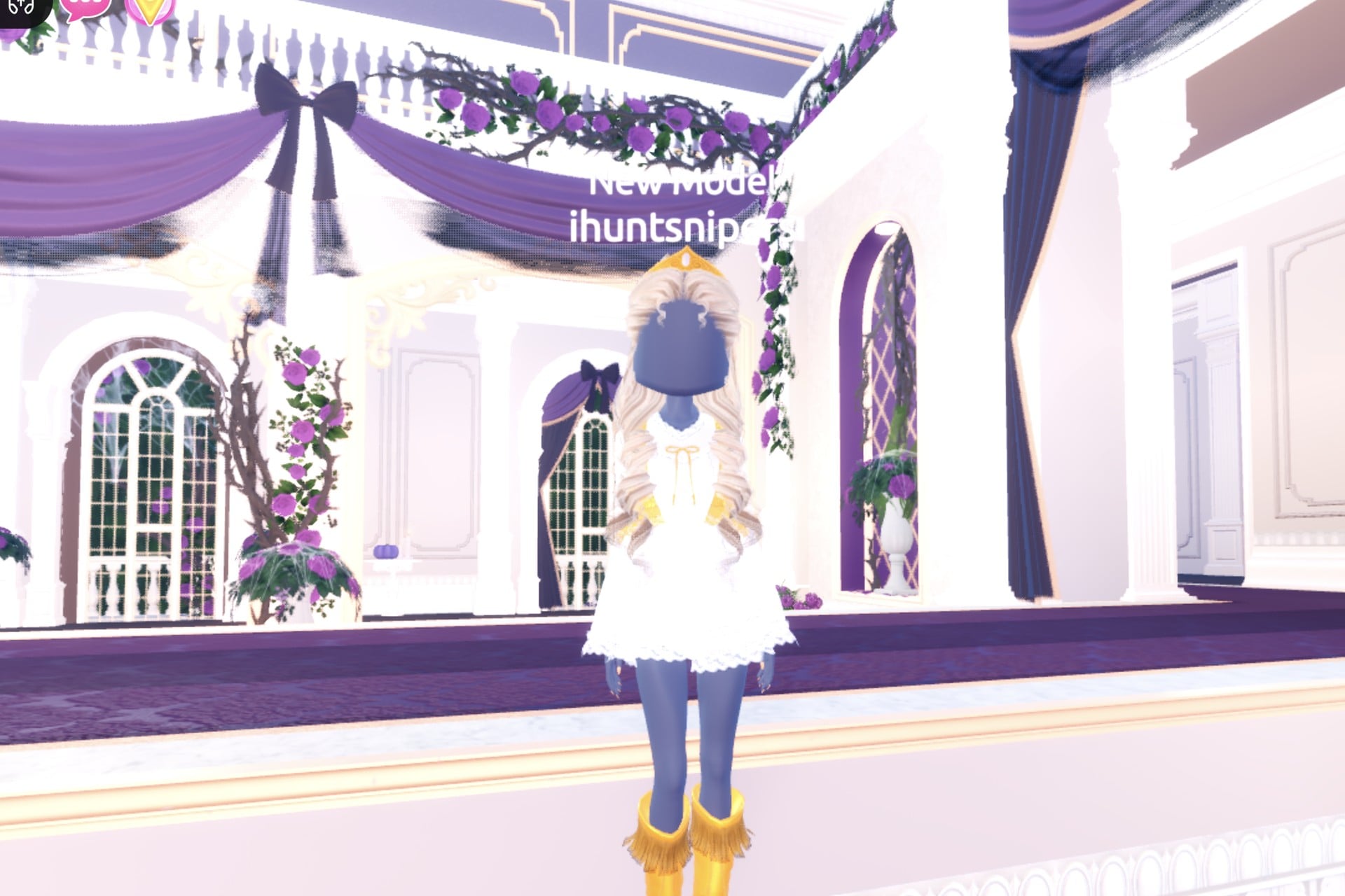 Divine Beings goddess look on the Freeplay Runway: short white lace-trimmed dress with a gold vest and ribbon, gold fringed knee boots, pale blonde curls with a gold crown
