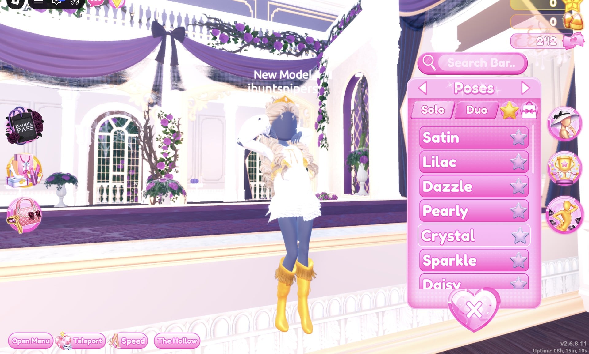 Poses panel on the Solo tab listing Satin, Lilac, Dazzle, Pearly, Crystal, Sparkle and Daisy, character in the Crystal pose with one arm raised to the head